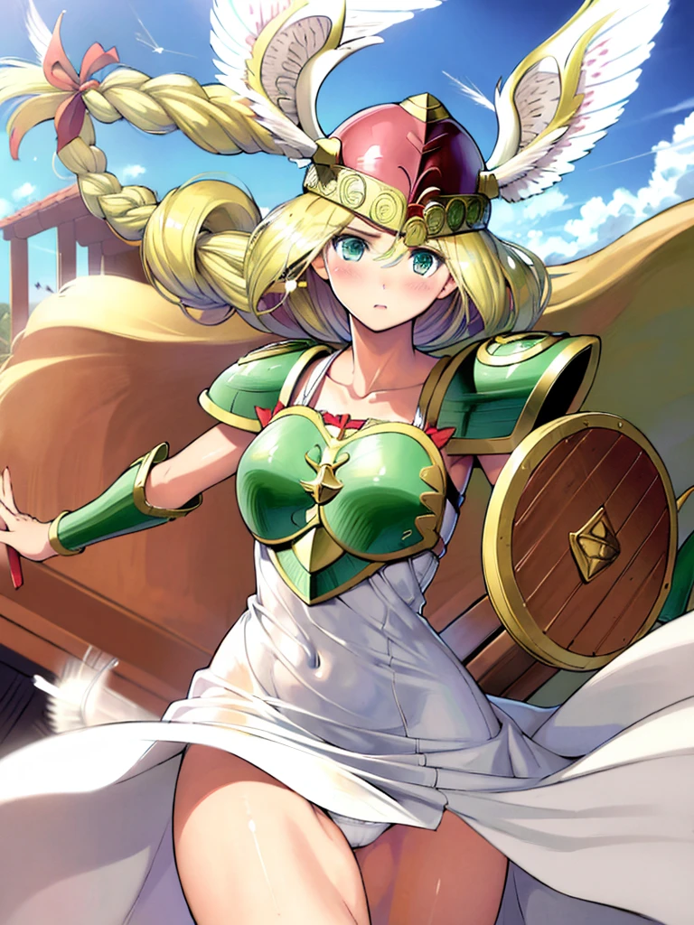 masterpiece,best quality,(1girl:1.5), 18yo, beautiful girl,BREAK,(Armor:1.8),(Helmet with wings:1.7),(Beautiful blonde,braid,Green Eyes:1.5),BREAK,(White Dress,white panties:1.4),BREAK,(blush:1.5), (blue sky:1.2),(Running on clouds:1.3),(move chart:1.3),(fly in the sky:1.5)