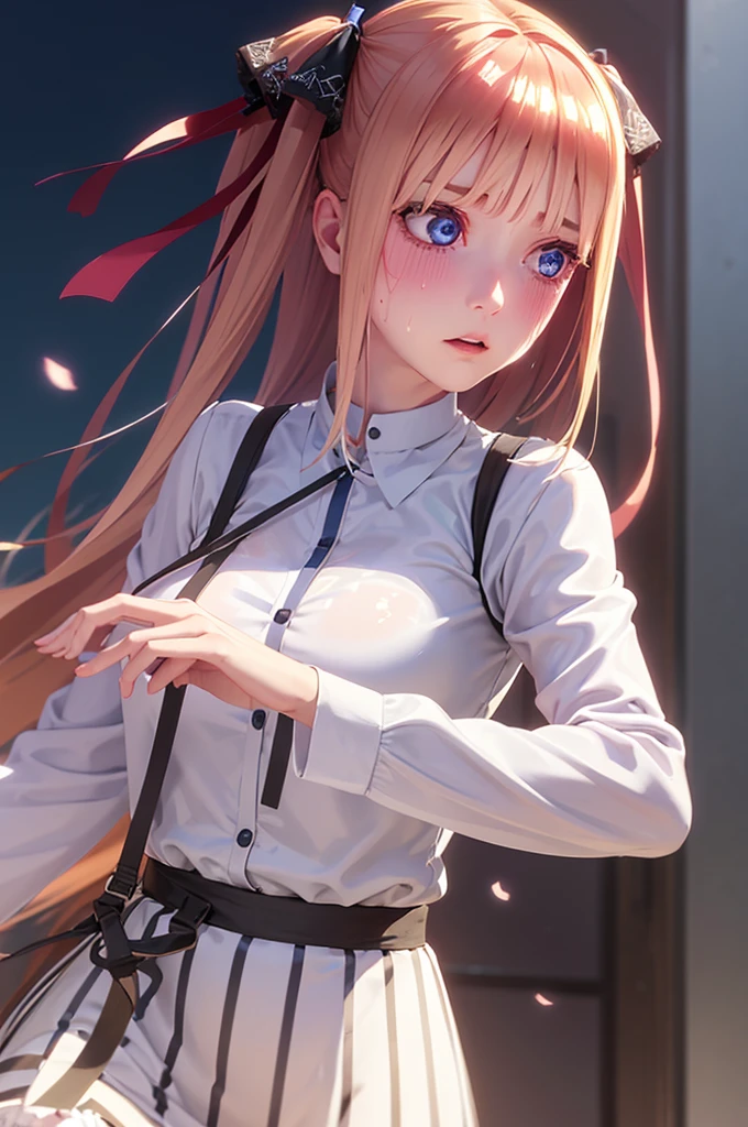 One girl,masterpiece,Highest quality,Blonde,stockings,Checked skirt),Short skirt JK,,Are standing,In total length,Medium chest,Very detailed,[[Realistic]],Beautiful and attractive anime teen,Enchanting anime girl,Swinging skirt,blue eyes, hair ornaments, Hair Ribbon,Show your forehead、Twin tails、Random colored see-through  uniform、Lace choker, short hair,,No bra,,Very detailed肌, Realistic texture、Very detailed顔, (Beautiful Fine Eyes, ,The girl has a toned figure., Intricate details,Closely、Embarrassed expression、blush、Shining Sweat、Perfect Skin,Sweat is noticeable,胸の谷間のSweat is noticeable、太もものSweat is noticeable、 Fair skin,Tight waist, Sweating profusely、Sweaty hair、Clothes that become transparent due to sweat、Sweaty、Visible sweat、Sweat-soaked hair、Athlete System、Cherry blossoms fluttering down、Silver Hair、Night cityscape。Reflection of light、moonlight、No sleeve、