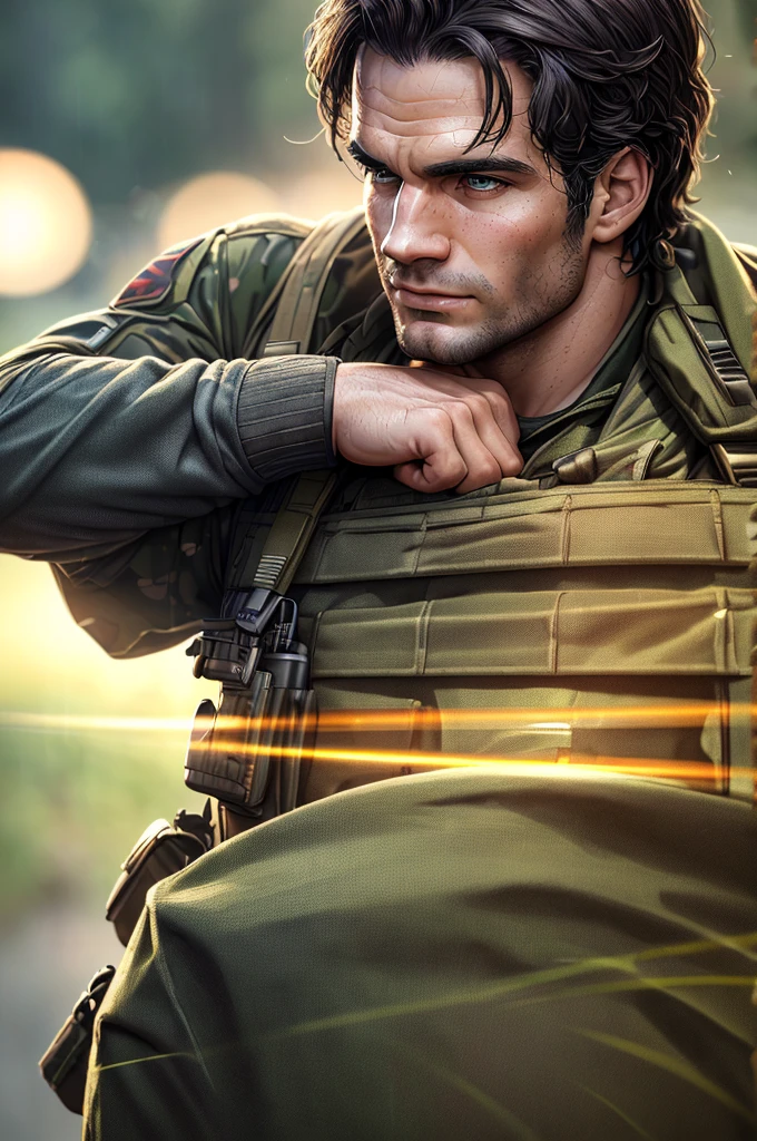 o ator Henry Cavill, fighting on the war front, rainy day in a multicam military uniform, wearing a Plate Carrier ForHonor American flag vest, with a military knife. (best quality, 4K, Cao Cao, master part:1.2), ultra detali, (Realistic, photorrealistic, photo-realistic:1.37), HDR, uhd, studio lighting, extreme detail description, proffesional, vivid colors, bokeh, portraite.