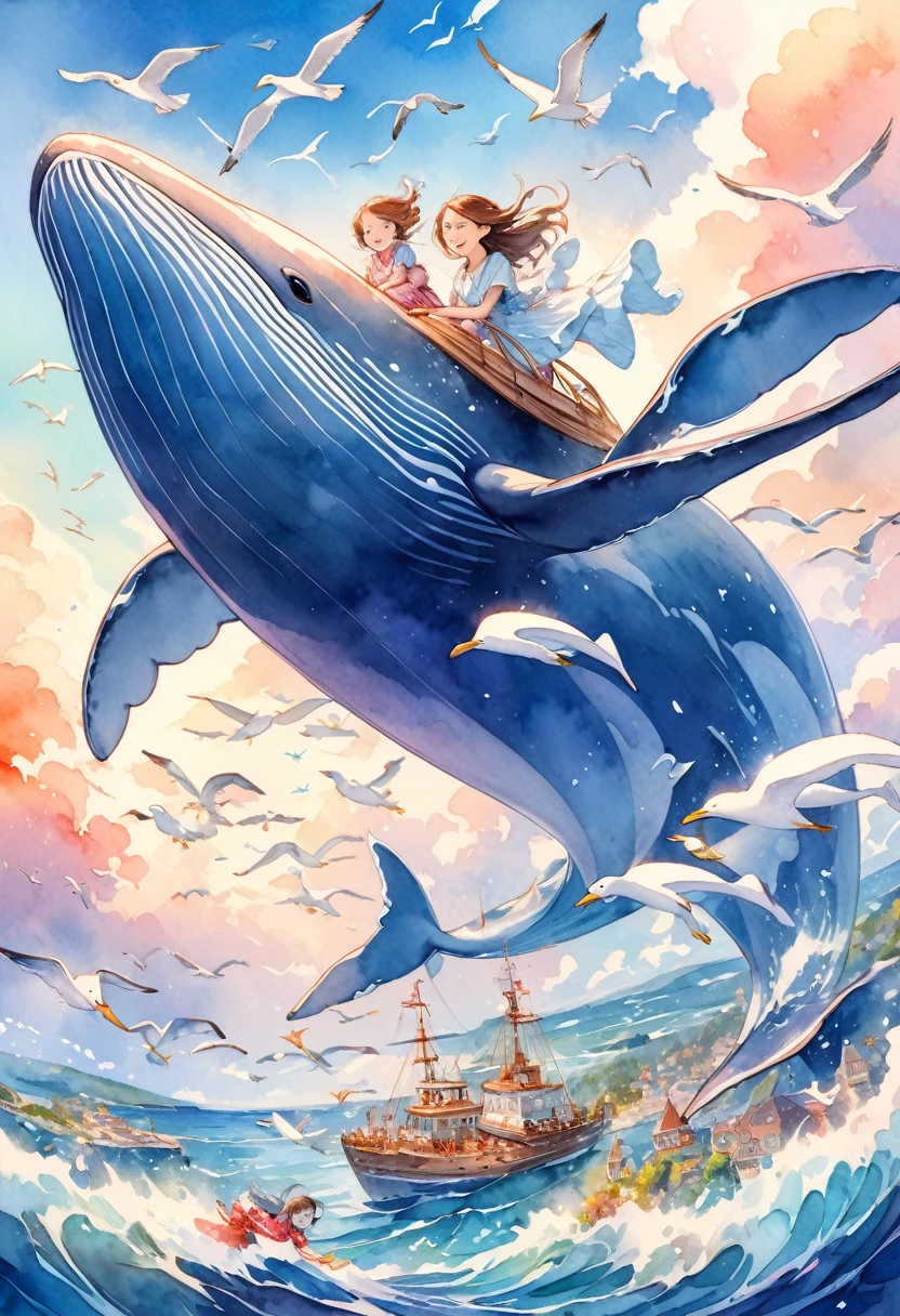 humpback whale flying gracefully in the sky with seagulls,  whale enjoying a friendly flying in the sky, beautiful intricate marine art illustration, vibrant colors, 16k, watercolor, masterpiece