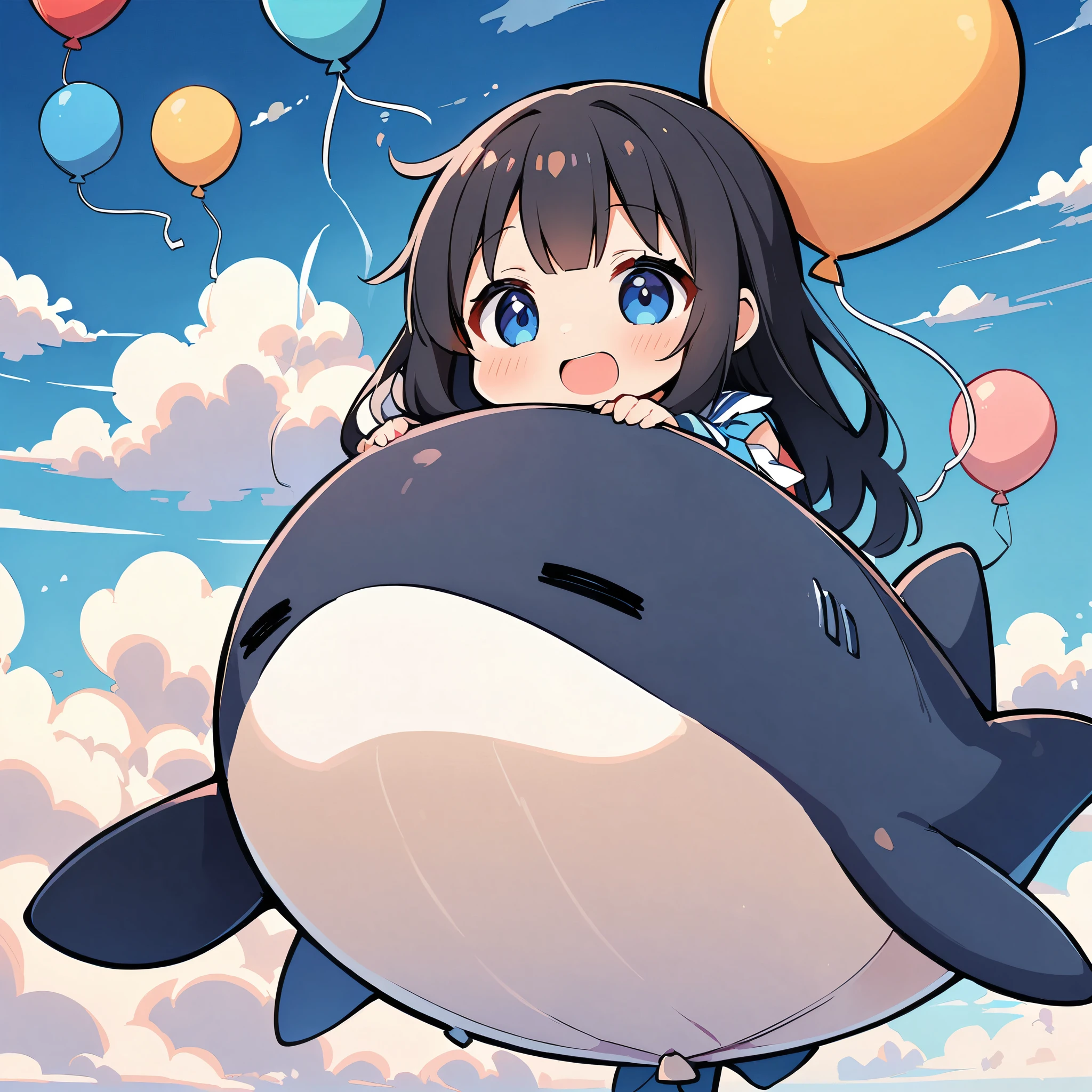 Whale Balloonに乗る女の子, pretty girl, Deformation, Flying in a whale balloon, Whale Balloon, Black Hair Girl, 空を飛ぶWhale Balloon, Clouds and sky background,