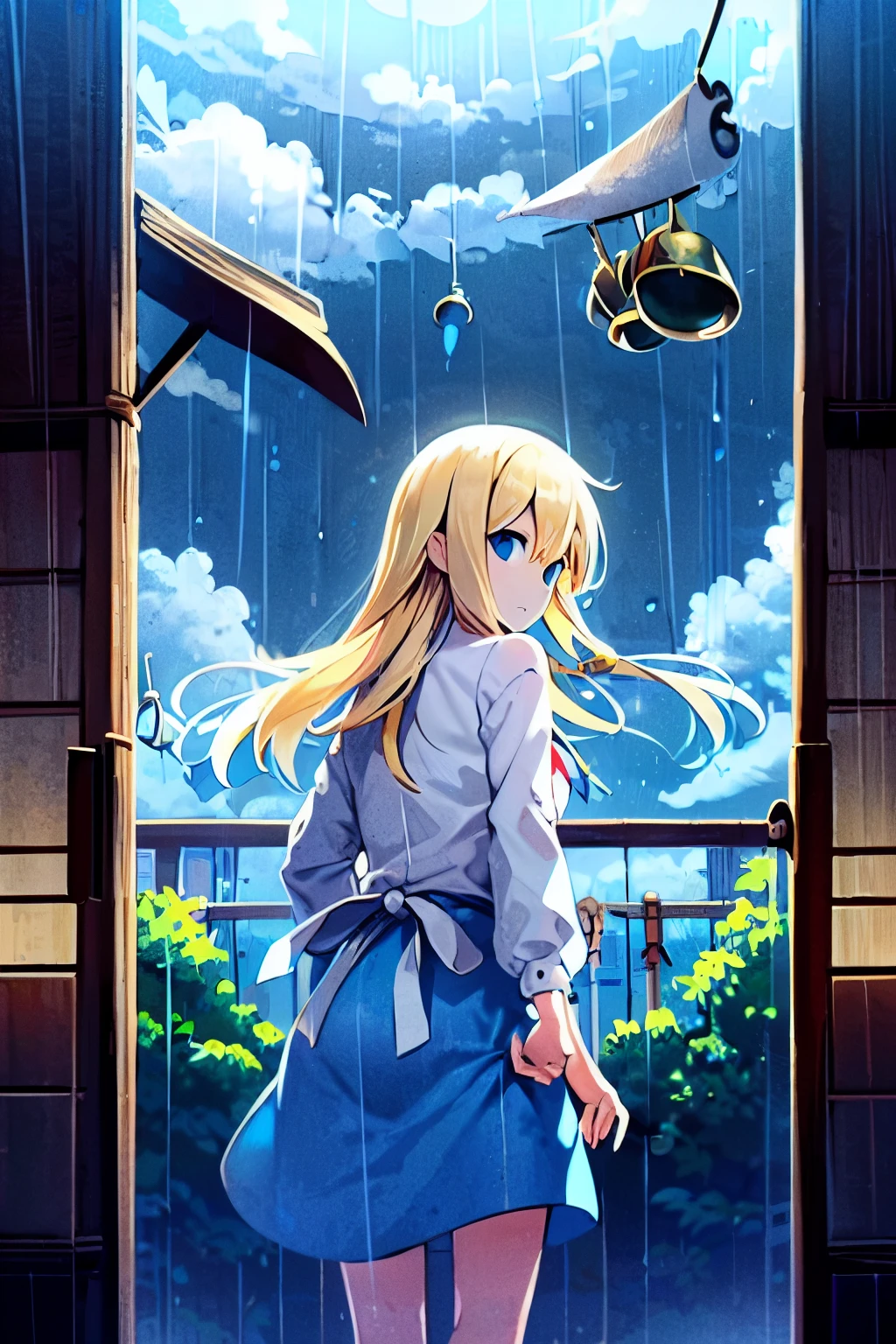 blonde hair, long hair, (one side up:1.2), blue eyes, (looking back:1.3), on back, rain, open door,  day, cloud,bell, tress ribbon,wind chime,