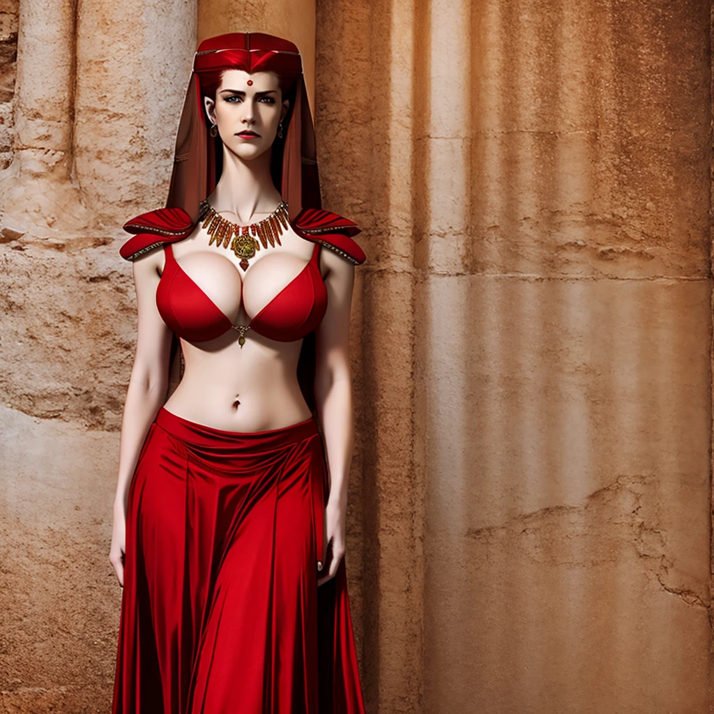 red dress, stomach and navel,long red hair,circlet,necklace,beautiful face, large breasts