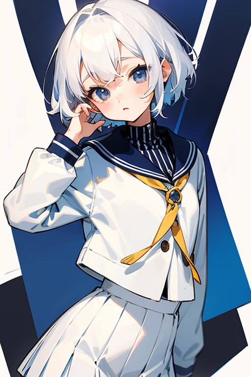 Short white hair, 16 years old、White shirt、Navy blue striped jacket、Cute Skirt、Embarrassing、Background is white、