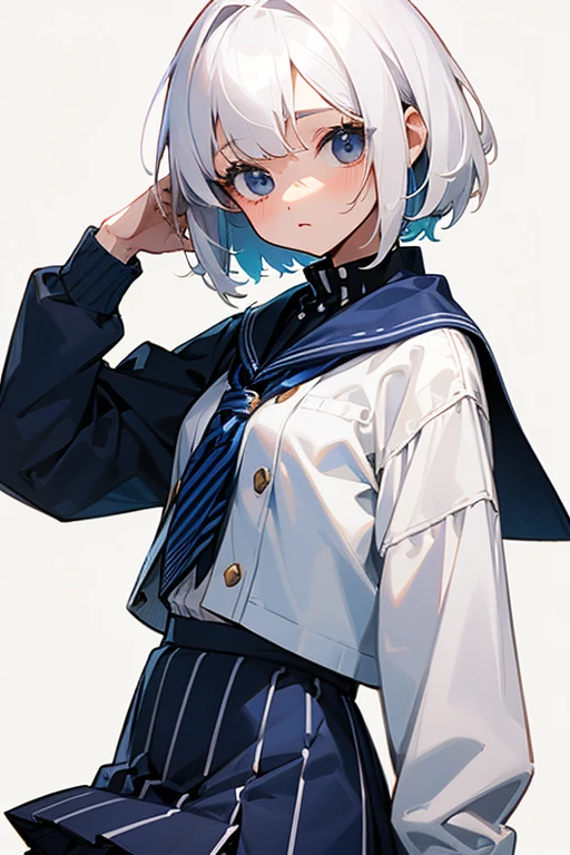 Short white hair, 、White shirt、Navy blue striped jacket、Cute Skirt、Embarrassing、Background is white、