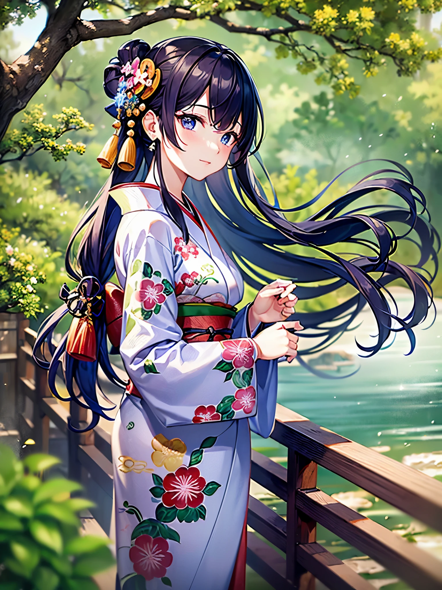 ((Highest quality)),(Ultra-high resolution),(Super detailed),(Detailed Description),((The best CG)),(masterpiece),Highly detailed art,(Art with precise detail:1.5), (Japanese painting:1.5), (A woman wearing a kimono standing on a bridge:1.5),(Japanese clothes in calm colors:1.4), A refreshing breeze blowing through:1.5
