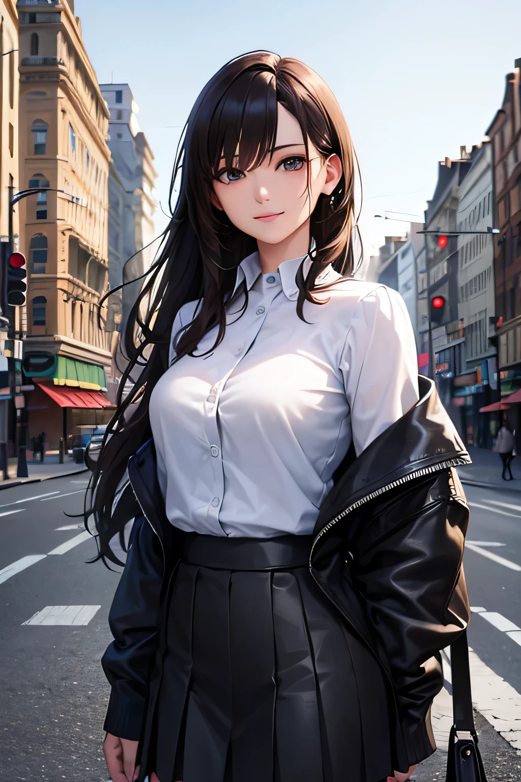 masterpiece, top quality, super detailed, high resolution, (realistic, photorealistic:1.37), excellent anatomy, beautiful 1 woman, black skirt, brown hair, building, city, cityscape, hair between eye, jacket, looking in audience, moderate hair, multicolor hair, night, off shoulder, outdoor, pleated skirt, road, skyscraper, smile, solo, in concentrated, street, white shirt, best light, best shadow, mysterious, perfect face, highly detailed,