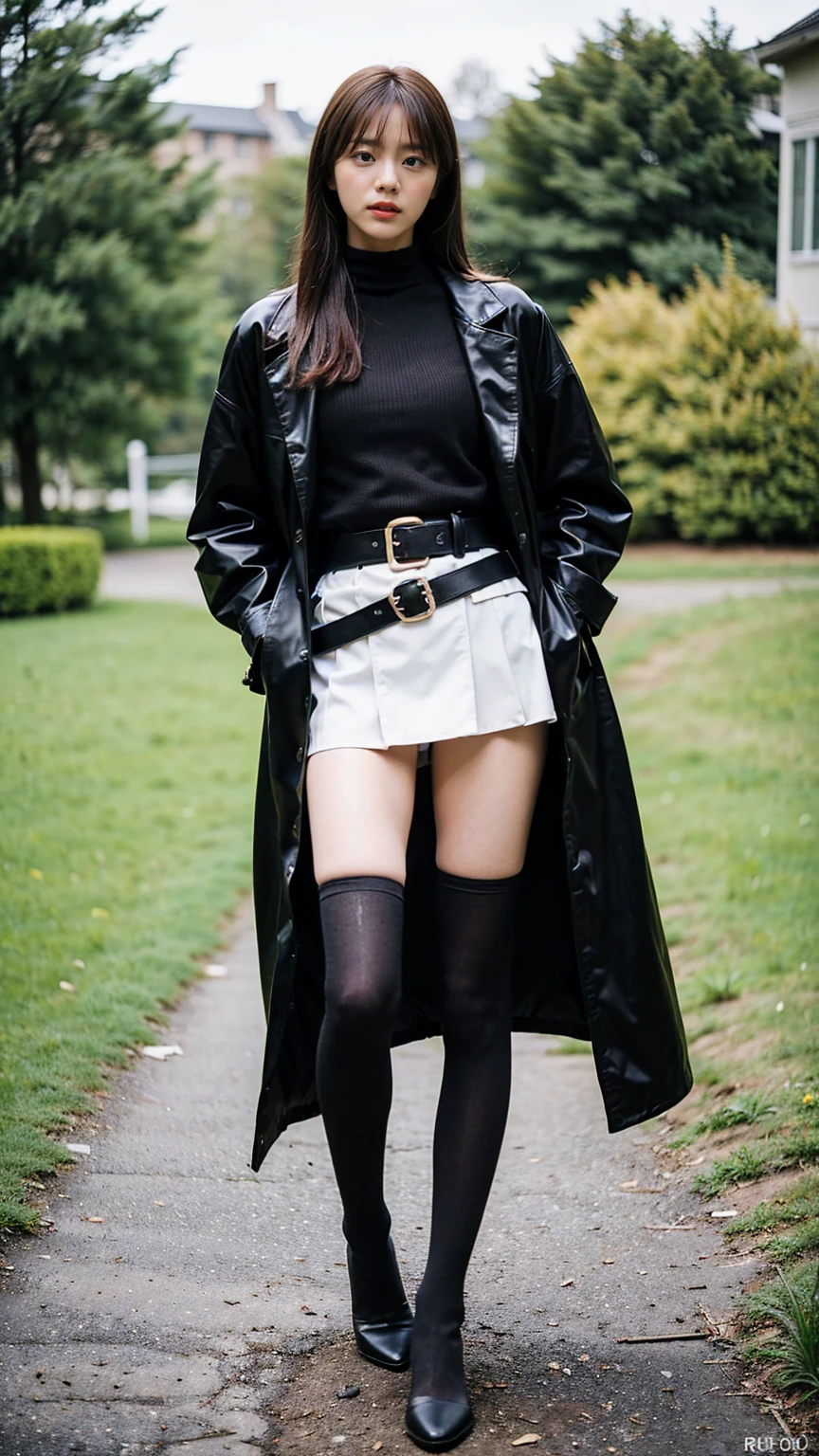 (8k、RAW Photos、Highest quality、masterpiece:1.2)、(Realistic、Realistic)、1 Girl、((skirt、long coat black、Slender legs、boots、one piece、tights、garden、View from the front、Looking at the camera、belt、Hands on your hips))、cute