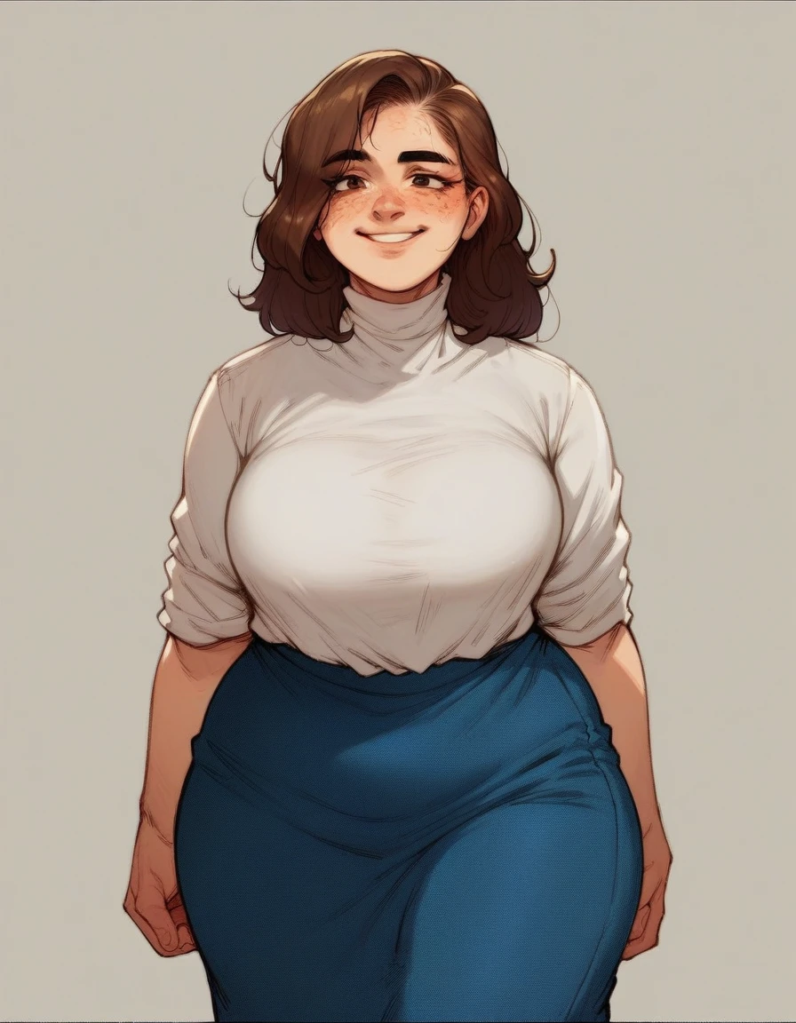 score_9, score_8_up, score_7_up, score_6_up, score_5_up, score_4_up, just describe what you want, tag1, tag2
, extremely detailed, delicate and dynamic, a beautiful woman, slight smile. Reddish-brown hair, brown eyes, downturned eye shape, black eyebrows, strong eyebrows. High cheekbones, strong chin. Freckles. Large breasts, voluptuous, broad hips. Wearing a white blouse, tweed skirt. (Walking across beautiful English countryside)