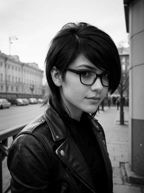 ((Monochrome Photography)), (black and white image), masterpiece, photo paper effect, Film grain, (((raw monochrome photo of a Soviet student in the style of the 80s))), filmed"Svema", Humanity, charming chubby Russian informal student 18 years old with aesthetic soft small natural breasts with beautiful soft pink nipples, round face, round cheeks, round chin, beautiful proportional small wide nose, Realistic expressive dark brown eyes, long eyelashes, Sarcastic Look, glasses with lenses, plump sensual lips, ironic one-sided half-smile, ear piercing, very tousled dark brown tousled short hair, short, tousled, disheveled hair combed into a mohawk(rebellious 80s punk hairstyle), black leather biker jacket on a naked body, Slight embarrassment, enjoyment of rebellious behavior, (Soviet clothing style of informals of the 80s), Portrait-Medium shot, Outdoors, Free standing pose, sunny day, natural natural light, realistic human skin textures, Realistic clothing textures, realistic glasses with distorting lenses, reflections of sunlight on glasses lenses, A great backstory(Leningrad 1985), 