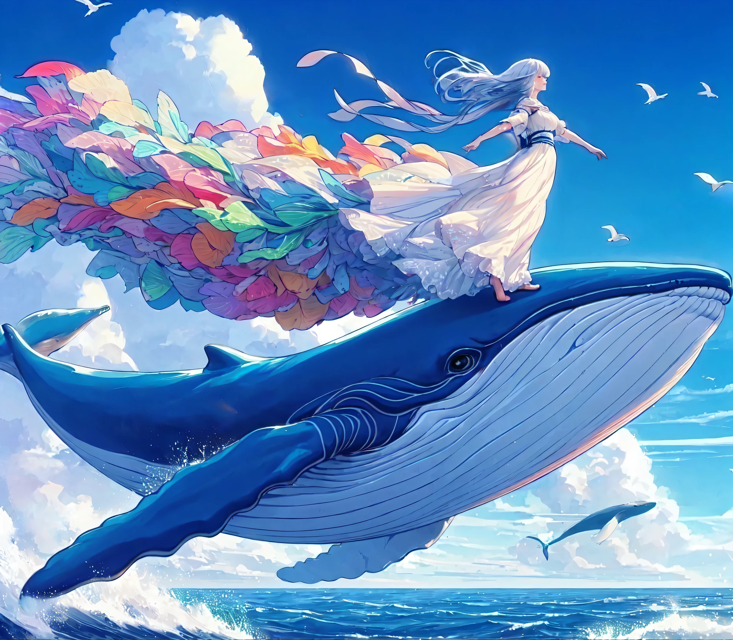 1lady solo, from side, (standing on whale's back), (arms spread wide), (elegant dress) (refreshing attire), (mature female:0.8), /(silver gray hair/) bangs, wind, light smile, (gazing into distance), (masterpiece best quality:1.2) delicate illustration ultra-detailed BREAK ((huge whale flying in the sky), (realistic whale) BREAK (vibrant sky) outdoors, (sea of clouds), at dusk, detailed background