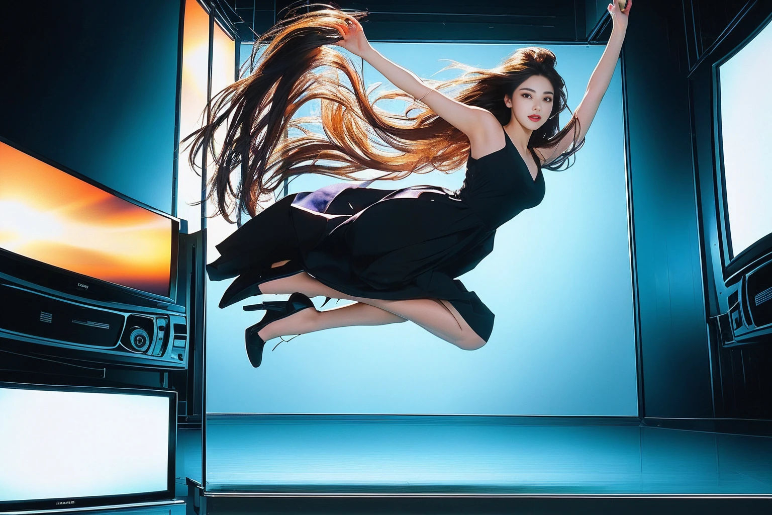 Highest quality masterpiece A beautiful woman jumping out of a TV screen Photo style Real Refreshing