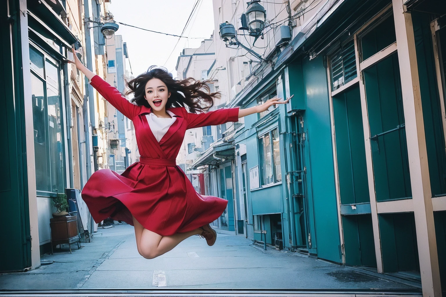 Highest quality　masterpiece　A beautiful woman jumping out of a TV screen　Photo style　Real　Refreshing