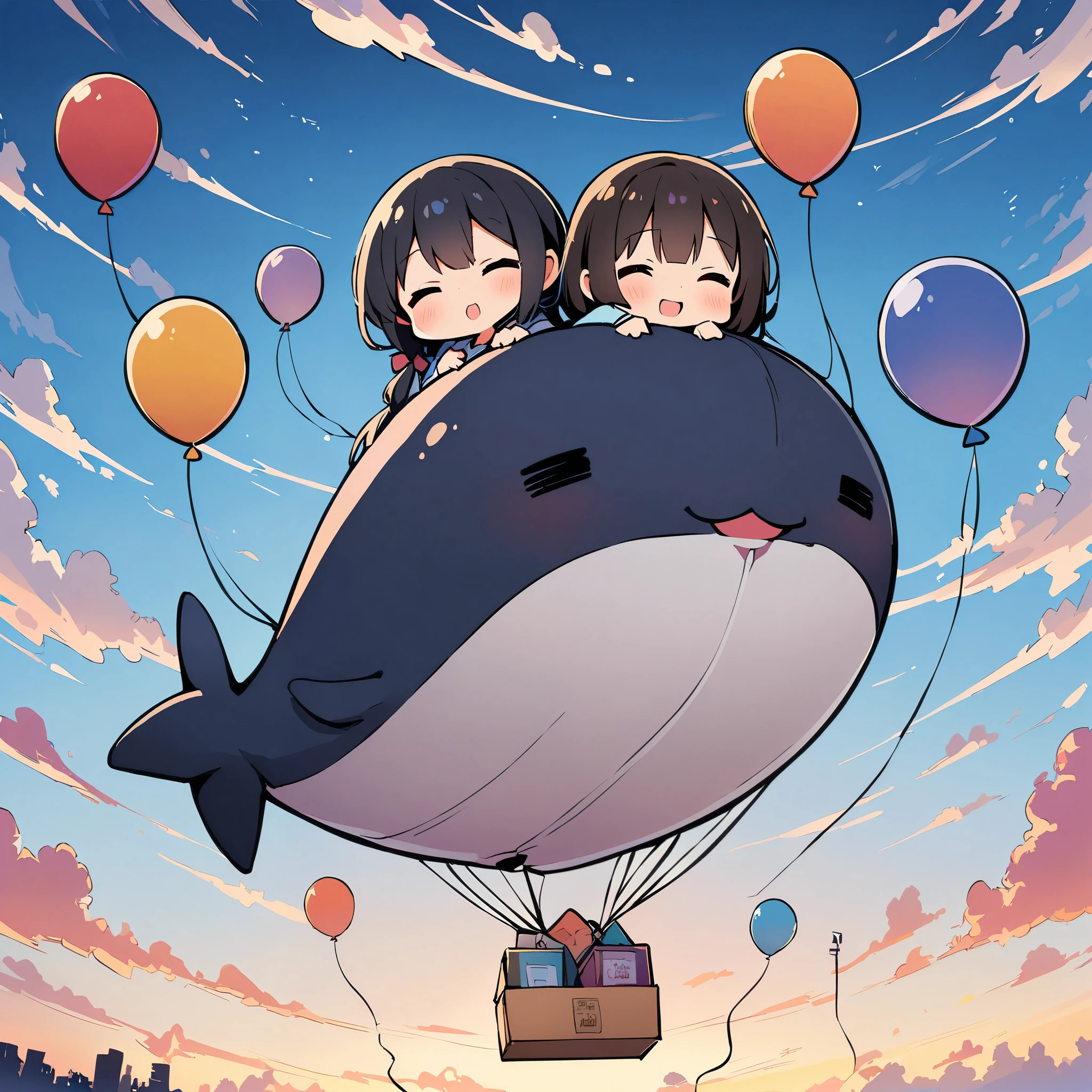 Whale Balloonに乗る女の子, pretty girl, Deformation, Flying in a whale balloon, Whale Balloon, Black Hair Girl, 空を飛ぶWhale Balloon, Clouds and sky background, 