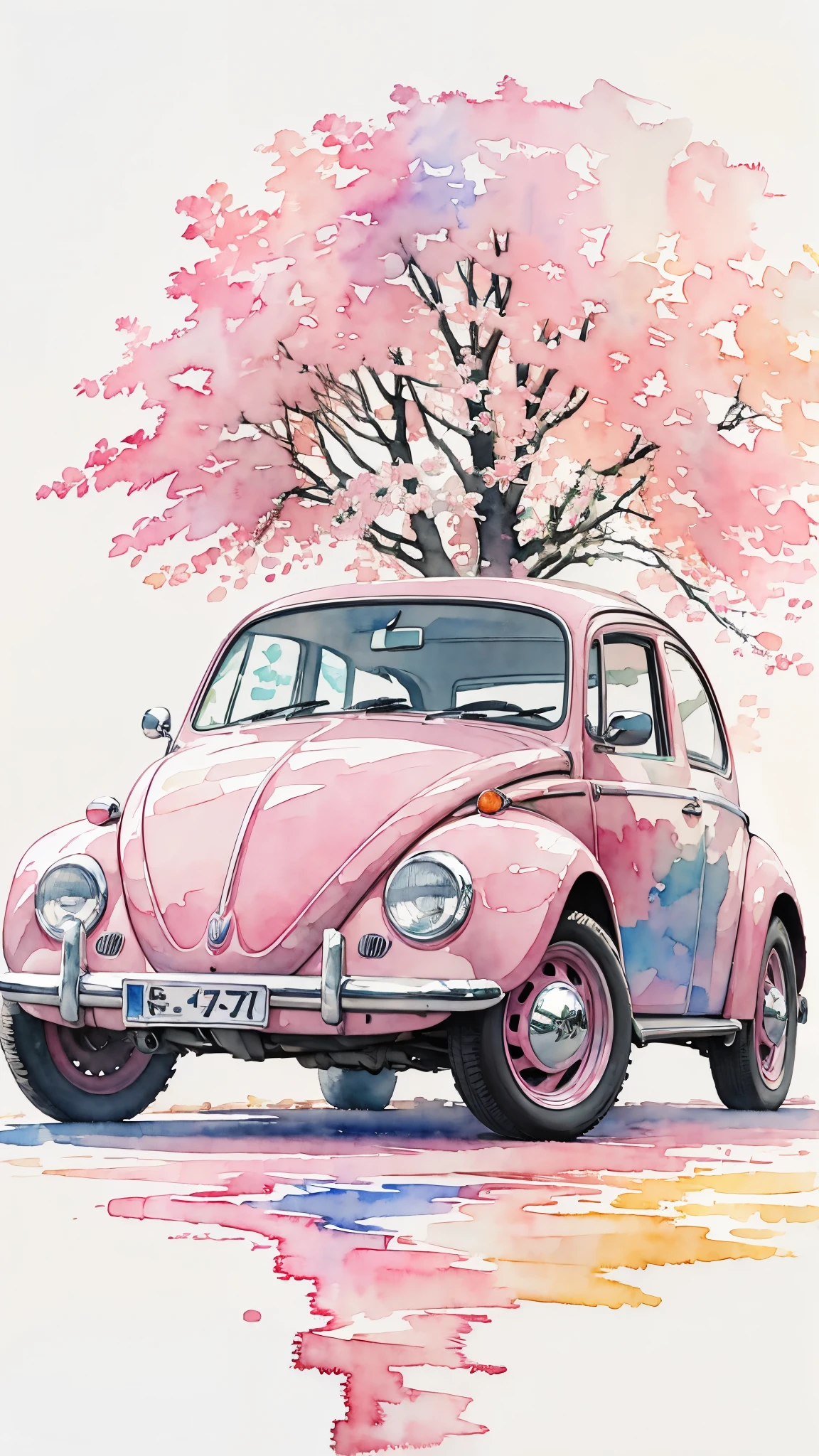 (masterpiece:1.2, Highest quality),(Very detailed),((watercolor)),8k,wallpaper,Pink Volkswagen Beetle,Germany,(((Ghibli style)))