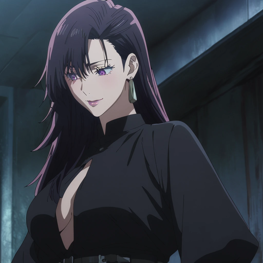 1girl, female gojo satoru, anime screencap from jujutsu kaisen, gojo satoru female version, solo, long_hair, ((purple eyes)) ((Black_hair, hair over ear from one side))((slicked hair)) , night view, (hanging breasts) upper_body, smile, indoors, lips, (long hair) ((wearing black colour outfit, glossy)) breast, "very detailed and high resolution" (purple eyes) ((solo)) (((front view))) (earings) ((high resolution)) ((good quality)) ((silky hair, hair over ear from one side))((hair slicked)) ((shy))