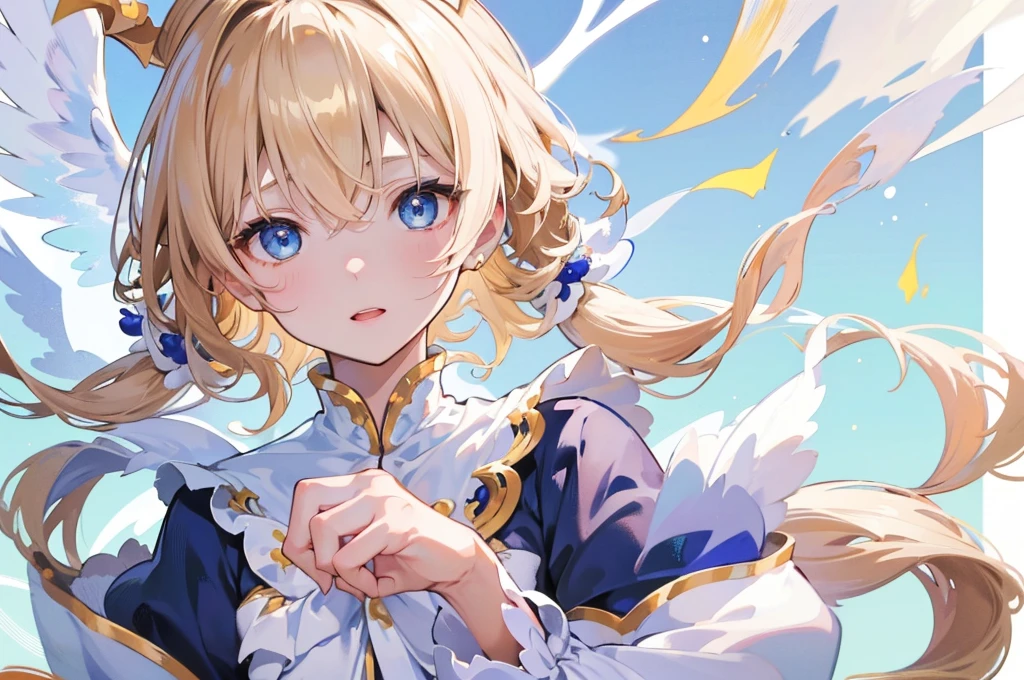 (Highest quality) (4K) (8k) (High resolution) (masterpiece:1.2) (Super detailed) One boy short hair Wizard Blue Eyes Long sleeve Golden decoration Hair between the eyes White Dress Wavy golden hair Upper Body (large crown) (White Background) front Face close-up Cast a spell