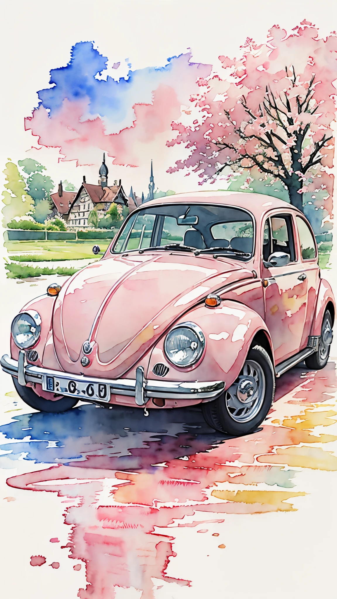 (masterpiece:1.2, Highest quality),(Very detailed),((watercolor)),8k,wallpaper,Pink Volkswagen Beetle,Germany,(((Ghibli style)))