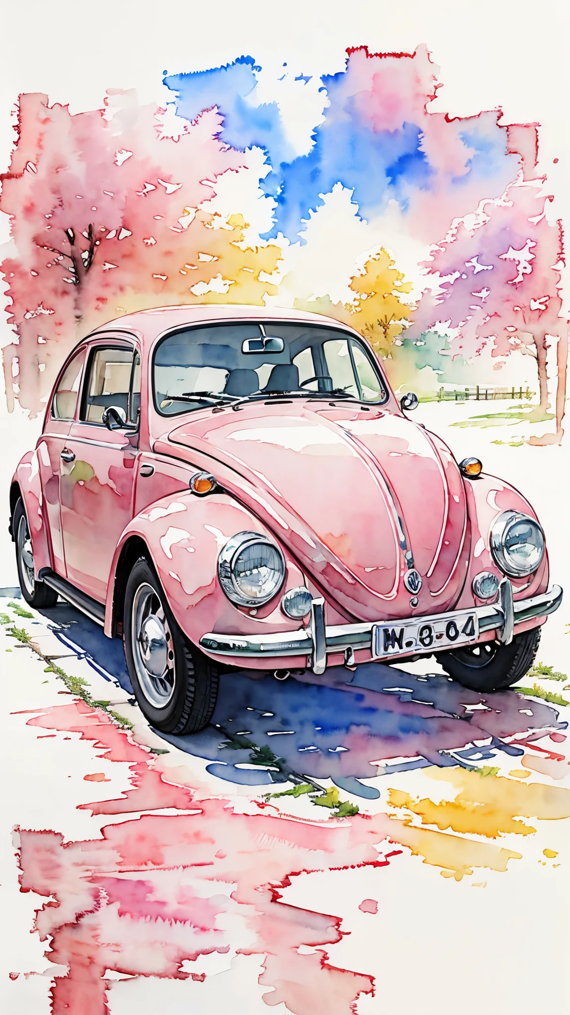 (masterpiece:1.2, Highest quality),(Very detailed),((watercolor)),8k,wallpaper,Pink Volkswagen Beetle,Germany,(((Ghibli style)))