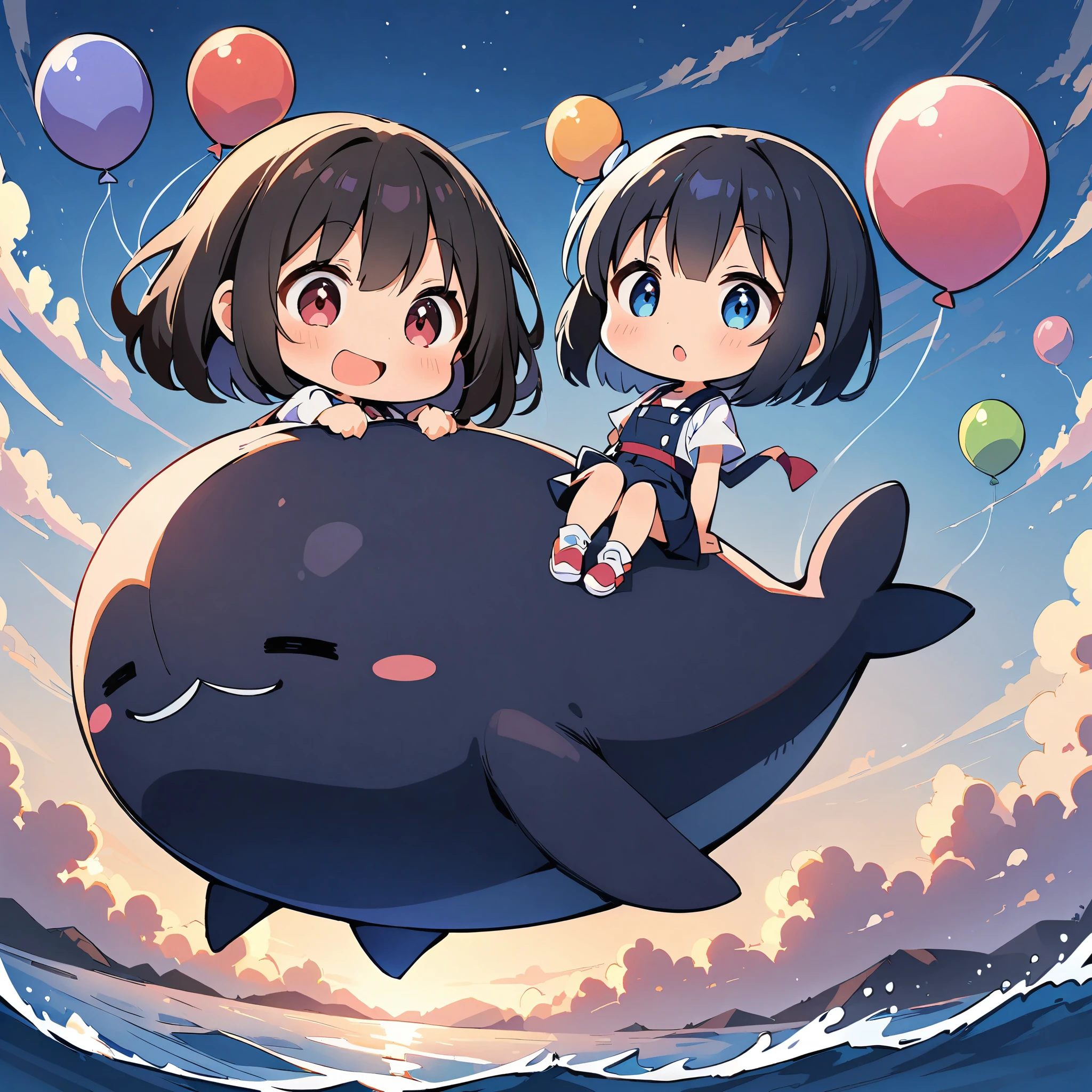 Whale Balloonに乗る女の子, pretty girl, Deformation, Flying in a whale balloon, Whale Balloon, Black Hair Girl, 空を飛ぶWhale Balloon, Clouds and sky background,