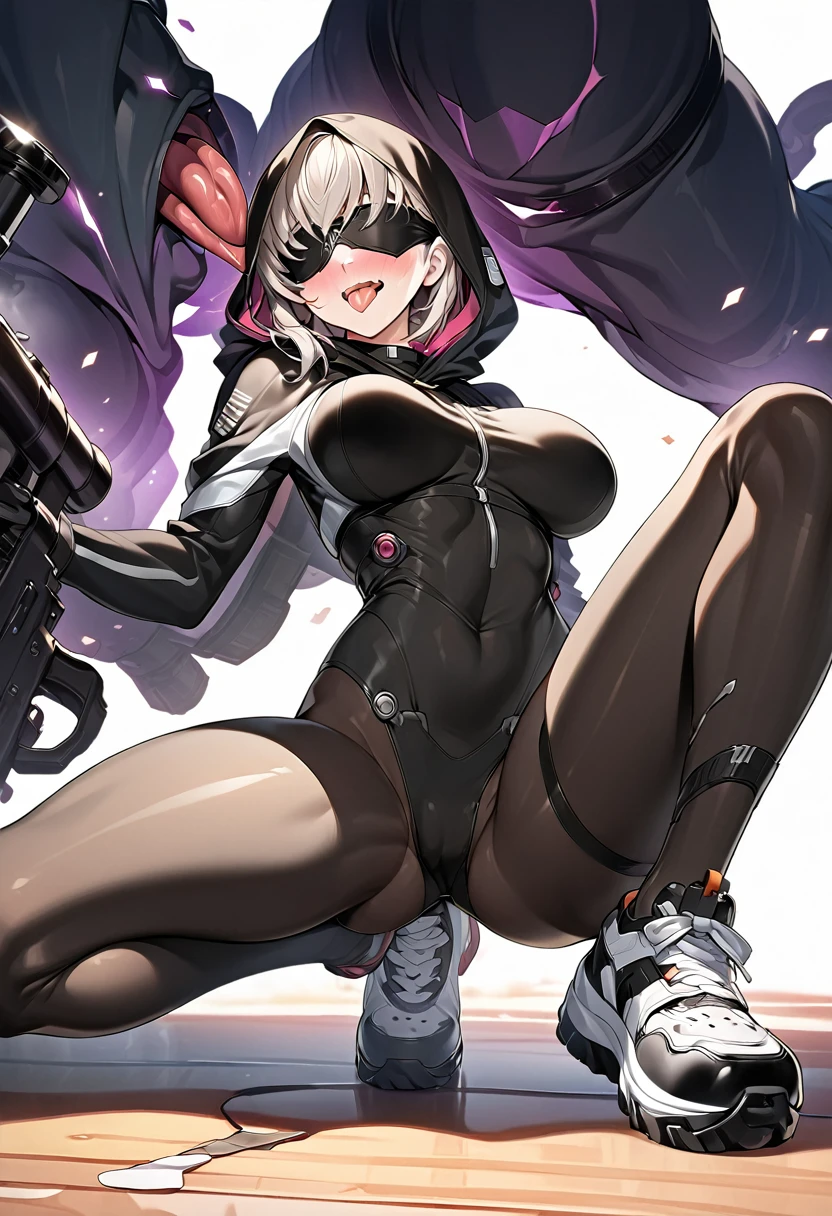 hood, jacket, body suit, black clothes, black wear, (((black tights))), weapon, cowboy shot, (((fold))), beautiful face, masterpiece, super fine illustration, ultra high res, masterwork, best quality, cg unity 8k wallpaper, official art, ultra detailed, squatting, full face blush, smile broadly, evil smile, fuckey, vulgarity, rape face,  legs, groin, spread legs, hesuper detailed skin, open mouth, stick out tongue, long tongue, tongue out, tongue, gleaming skin, oil skin, shiny skin, breasts, shoes, ((((leanin , arched back))), happy, 