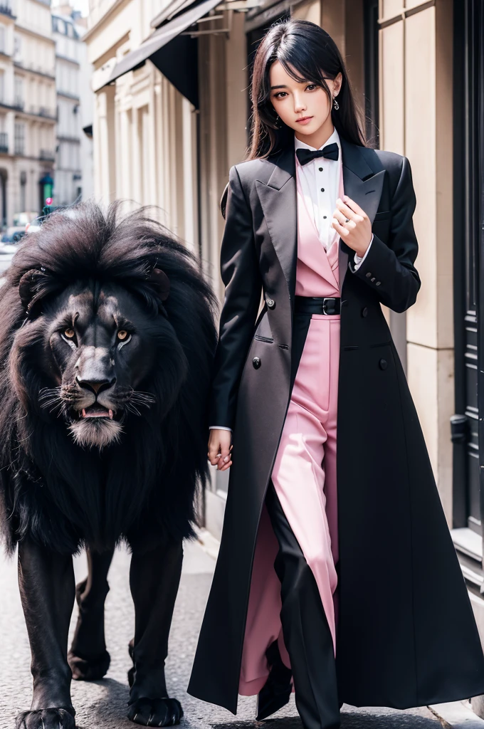Human style black lion with pink formal wear,in paris 