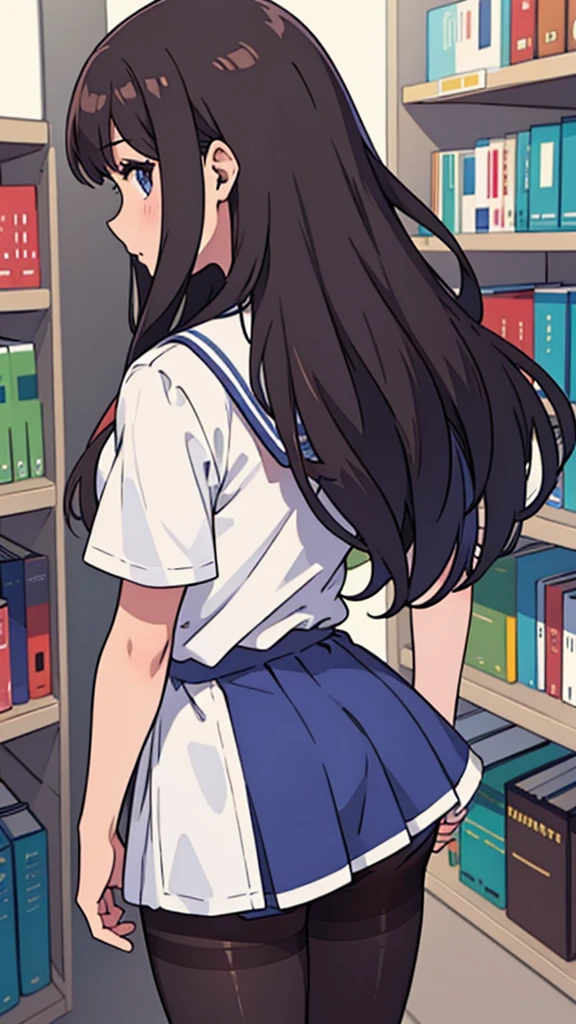 From the back,Pantyhose,shirt,high school girl,whole body,library,