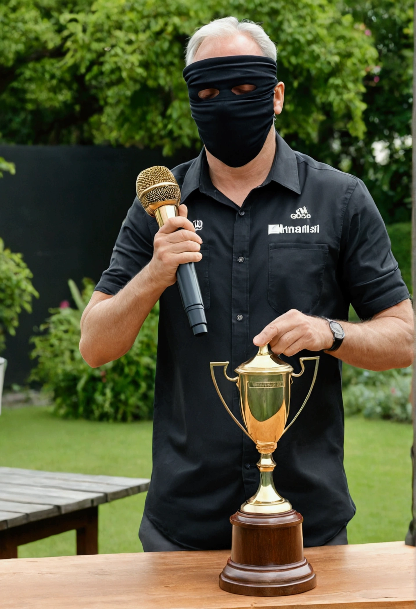 a journalist with a black cloth visor over his eyes, journalist with microphone, trophy passes cloth, passing a cloth, a cloth over the trophy, on top of a wooden table and in the background there is a garden, two hands mopping a trophy
