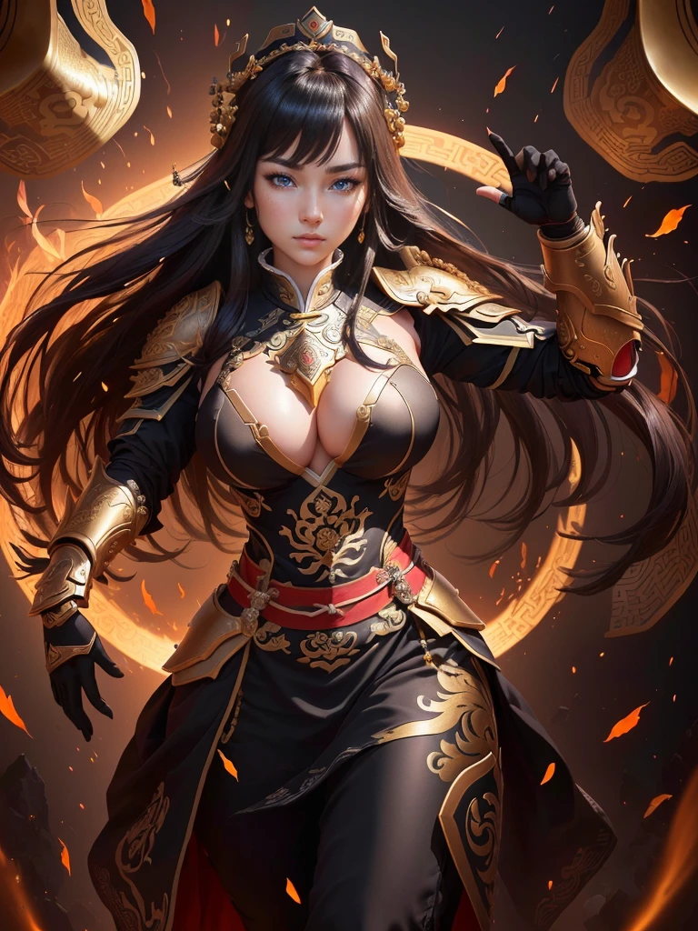 a painting of a woman with an armor, inspired by Li Kan, bian lian, guan yu, inspired by Hu Zaobin, inspired by Huang Ding, inspired by Huang Shen, inspired by Wu Bin, inspired by Li Gonglin, inspired by Zhao Zuo, inspired by Pu Hua, inspired by Cao Zhibai, chinese three kingdoms, Highly detailed CG unit 8k wallpaper, masterpiece, High resolution, highest quality, highest quality real texture skin, Super Real, Digital Painting, Best image quality, 最High resolution, 8k, (((Highly detailed eyes and face, Beautiful eyes every detail))), disproportionate breasts, huge breasts, sagging breasts, gigantic breasts, 