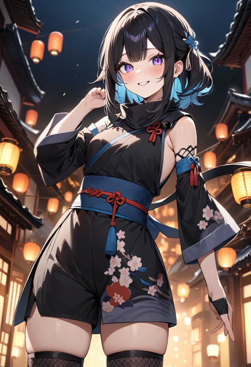 (masterpiece, top quality, very aesthetic, 4k、illustration), intricate detail, 1girl,Standing 、(cowboy shot)、Randomsmile、()、,
Cute 、Random Hair Color、,middle hair,sidelock ,Random Color　eyes、ninja clothes、small breasts、Slim 、