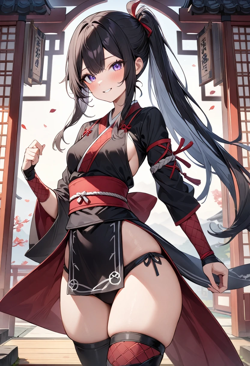 (masterpiece, top quality, very aesthetic, 4k、illustration), intricate detail, 1girl,Standing 、(cowboy shot)、Randomsmile、()、,
Cute 、Random Hair Color、,middle hair,sidelock ,Random Color　eyes、ninja clothes、small breasts、Slim 、