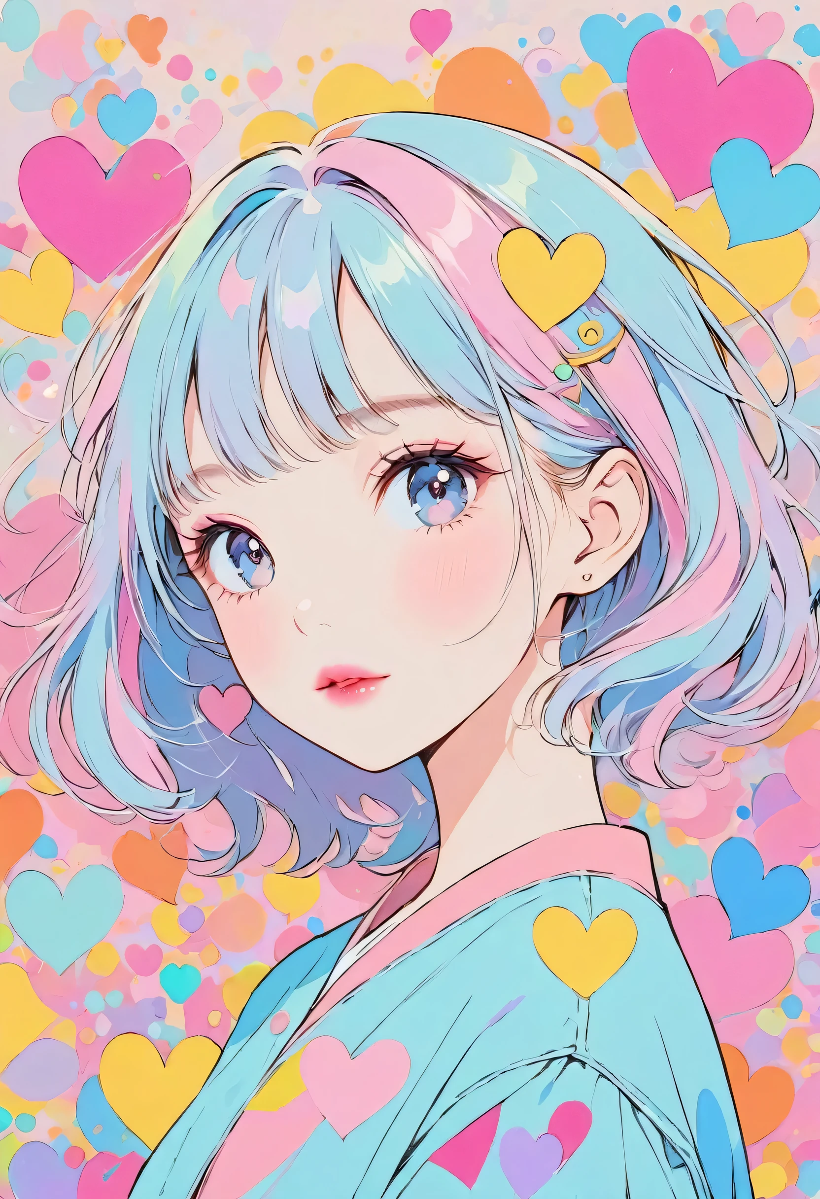 Hayao Miyazaki pastel color style, Simple Line Initialism,Abstract art,Urban Background, (((The most beautiful girl of all time))), Sweet face. Lips in love, colorful hearts, stylish design