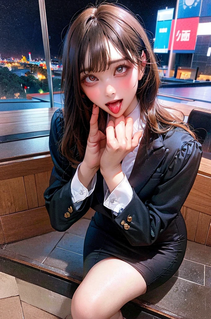 office,company,Night view,room,desk,computer,monitor,allfours:1.5,masterpiece,quality,High resolution,高quality,Realistic,Brown Hair,blunt bangs,business suit,Pencil Skirt,Black jacket,White collared shirt,whole body,Ahegao,Drooling:2.0,Sweat:2.0,High heels,Male hand,Blue remote controller