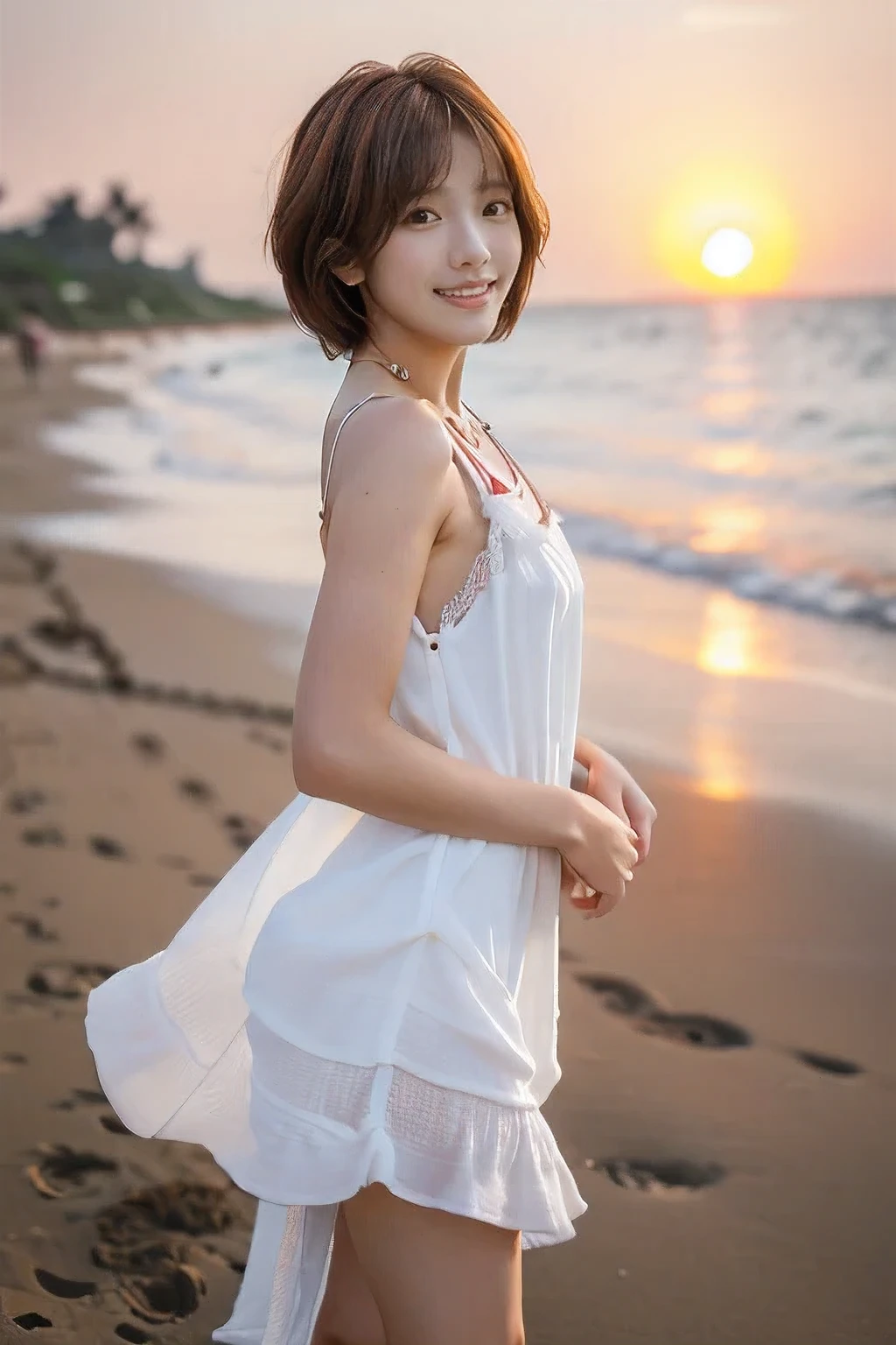 (Standing on the beach watching the sunset:1.5)、(A kind smile:1.5)、(18-year-old female:1.5)、(The best quality at its best:1.4), (Super detailed), (Very detailed CG unified 16k), Beautiful woman with perfect figure: 1.4, Sharp focus: 1.2, Very detailed, High-quality RAW color photos, Professional photography, Great face and eyes, cosmetics, (Amazingly beautiful girl), ((Cute white dress:1.5)), Realistic movie faces, Full body long view from head to toe, Realistic, ((Realistic natural orange red hairstyle)), ( Short Bob Hair:1.5), (necklace:1.5)、, Very beautiful face, Perfect model beauty, Mouth swelling, Highly detailed face and skin texture, Fine grain, double eyelid, Medium chest, (masterpiece), Highest quality, High resolution, Very detailed, Blurred Background, Depth of written boundary, Cinema Lighting, Great legs, , Clear, well-maintained skin,((Full body shot from head to toe:1.5))