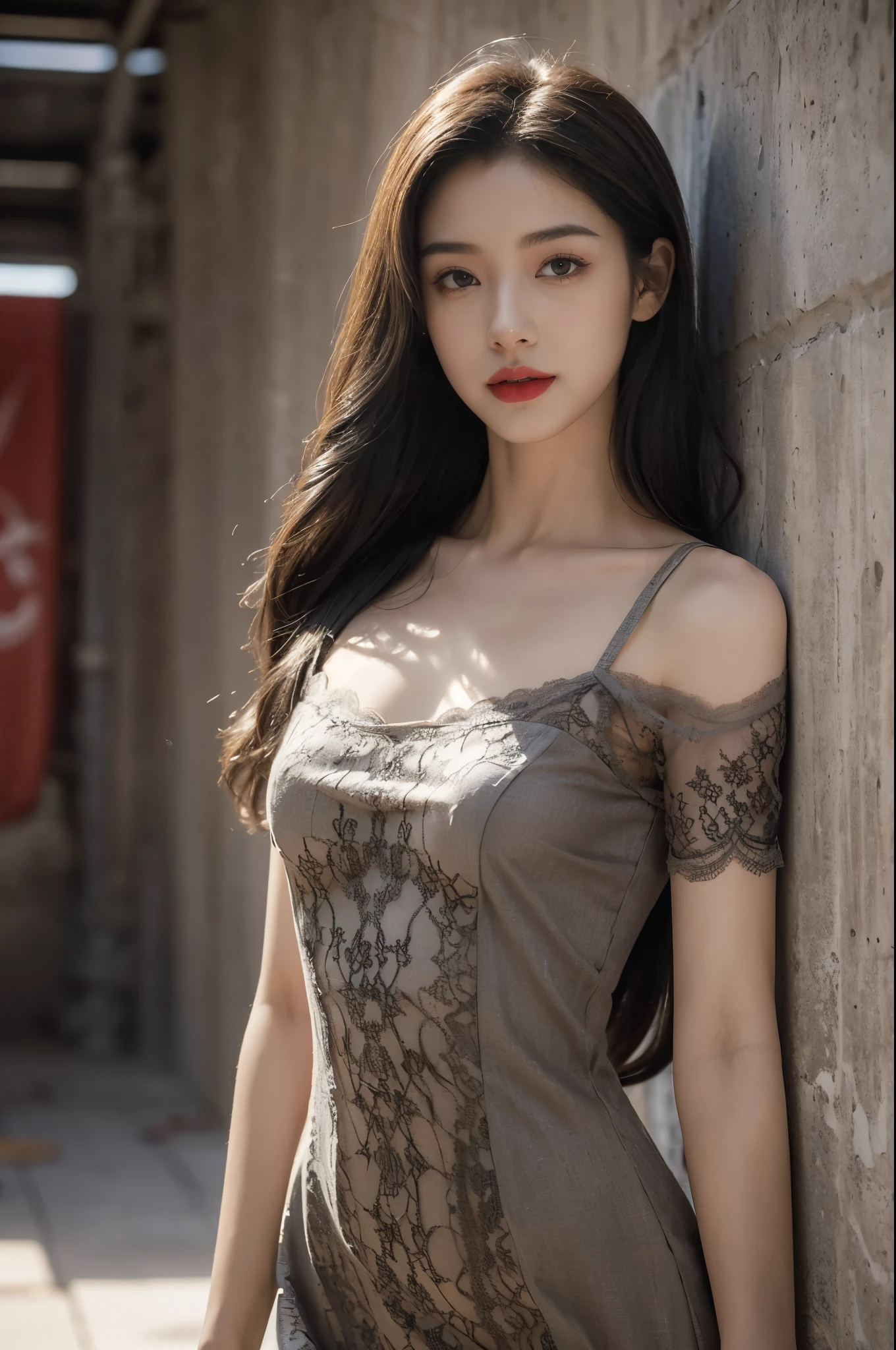 (((best quality))),(((ultra detailed))),(((masterpiece))),illustration,((1 beautiful girl,solo)),((slim,thin)),((small breasts,flat chest)),(shoulder length straight hair:1.2),summer afternoon,((unfinished concrete room,alluring,gray walls)),(short sleeves:1.2),(black lace dress:1.3),(slender legs:1.2),seductive,elegant,full bosom,fair skin,golden strands,delicate features,deep brown eyes,mischief,mystery,enchanting smile,vibrant red lips,serene beauty,self-assuredness,industrial ambiance,raw cement walls,exposed pipes,sexuality,allure,refined beauty,compelling visual narrative,seductive gaze,elegant posture,industrial backdrop,lasting impression,((standing,from front,upper body))