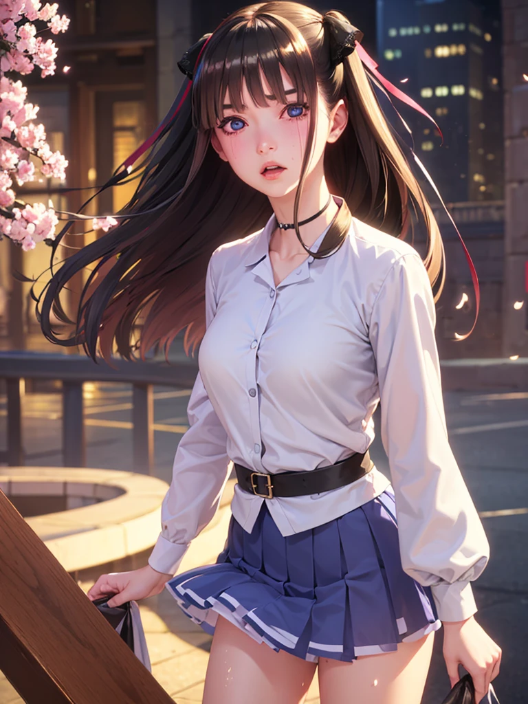One girl,masterpiece,Highest quality,stockings,Checked skirt),Short skirt JK,,Are standing,In total length,Medium chest,Very detailed,[[Realistic]],Beautiful and attractive anime ,Enchanting anime girl,Swinging skirt,blue eyes, hair ornaments, Hair Ribbon,Show your forehead、Twin tails、Random colored see-through  uniform、Lace choker, short hair,,No bra,,Very detailed肌, Realistic texture、Very detailed顔, (Beautiful Fine Eyes, ,The girl has a toned figure., Intricate details,Closely、Embarrassed expression、blush、Shining Sweat、Perfect Skin,Sweat is noticeable,胸の谷間のSweat is noticeable、太もものSweat is noticeable、 Fair skin,Tight waist, Sweating profusely、Sweaty hair、Clothes that become transparent due to sweat、Sweaty、Visible sweat、Sweat-soaked hair、Athlete System、Cherry blossoms fluttering down、Night cityscape。Reflection of light、moonlight、No sleeve、