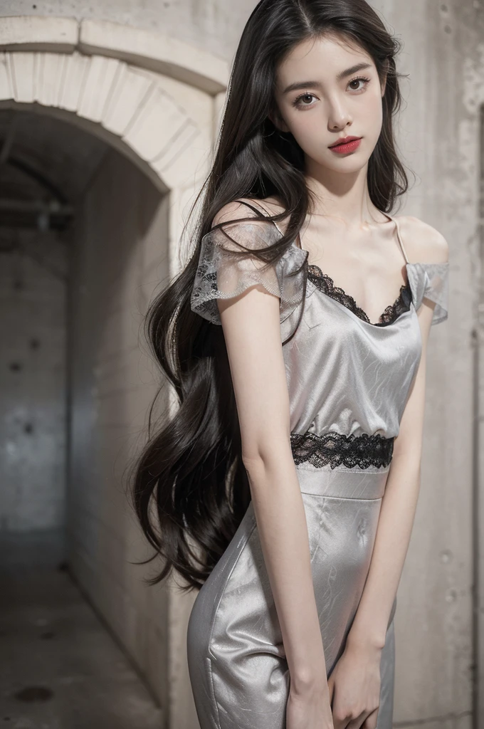 (((best quality))),(((ultra detailed))),(((masterpiece))),illustration,((1 beautiful girl,solo)),((slim,thin)),((small breasts,flat chest)),(shoulder length straight hair:1.2),summer afternoon,((unfinished concrete room,alluring,gray walls)),(short sleeves:1.2),(black lace dress:1.3),(slender legs:1.2),seductive,elegant,full bosom,fair skin,golden strands,delicate features,deep brown eyes,mischief,mystery,enchanting smile,vibrant red lips,serene beauty,self-assuredness,industrial ambiance,raw cement walls,exposed pipes,sexuality,allure,refined beauty,compelling visual narrative,seductive gaze,elegant posture,industrial backdrop,lasting impression,((standing,from front,upper body))