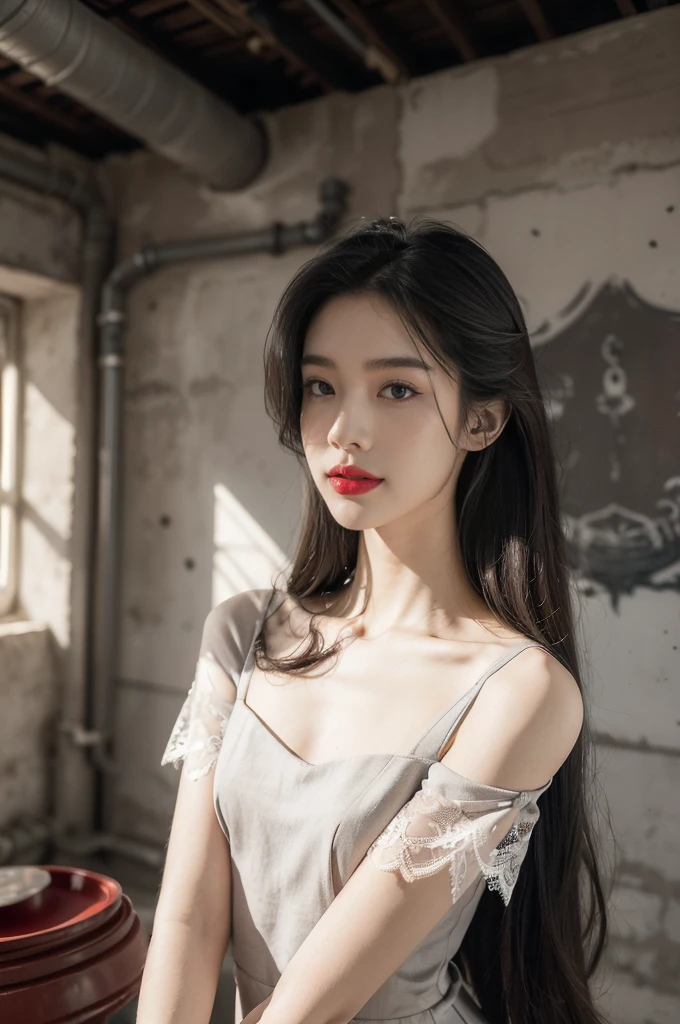 (((best quality))),(((ultra detailed))),(((masterpiece))),illustration,((1 beautiful girl,solo)),((slim,thin)),((small breasts,flat chest)),(shoulder length straight hair:1.2),summer afternoon,((unfinished concrete room,alluring,gray walls)),(short sleeves:1.2),(black lace dress:1.3),(slender legs:1.2),seductive,elegant,full bosom,fair skin,golden strands,delicate features,deep brown eyes,mischief,mystery,enchanting smile,vibrant red lips,serene beauty,self-assuredness,industrial ambiance,raw cement walls,exposed pipes,sexuality,allure,refined beauty,compelling visual narrative,seductive gaze,elegant posture,industrial backdrop,lasting impression,((standing,from front,upper body))