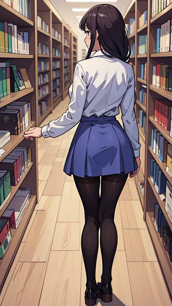 From the back,Pantyhose,shirt,high school girl,whole body,library,