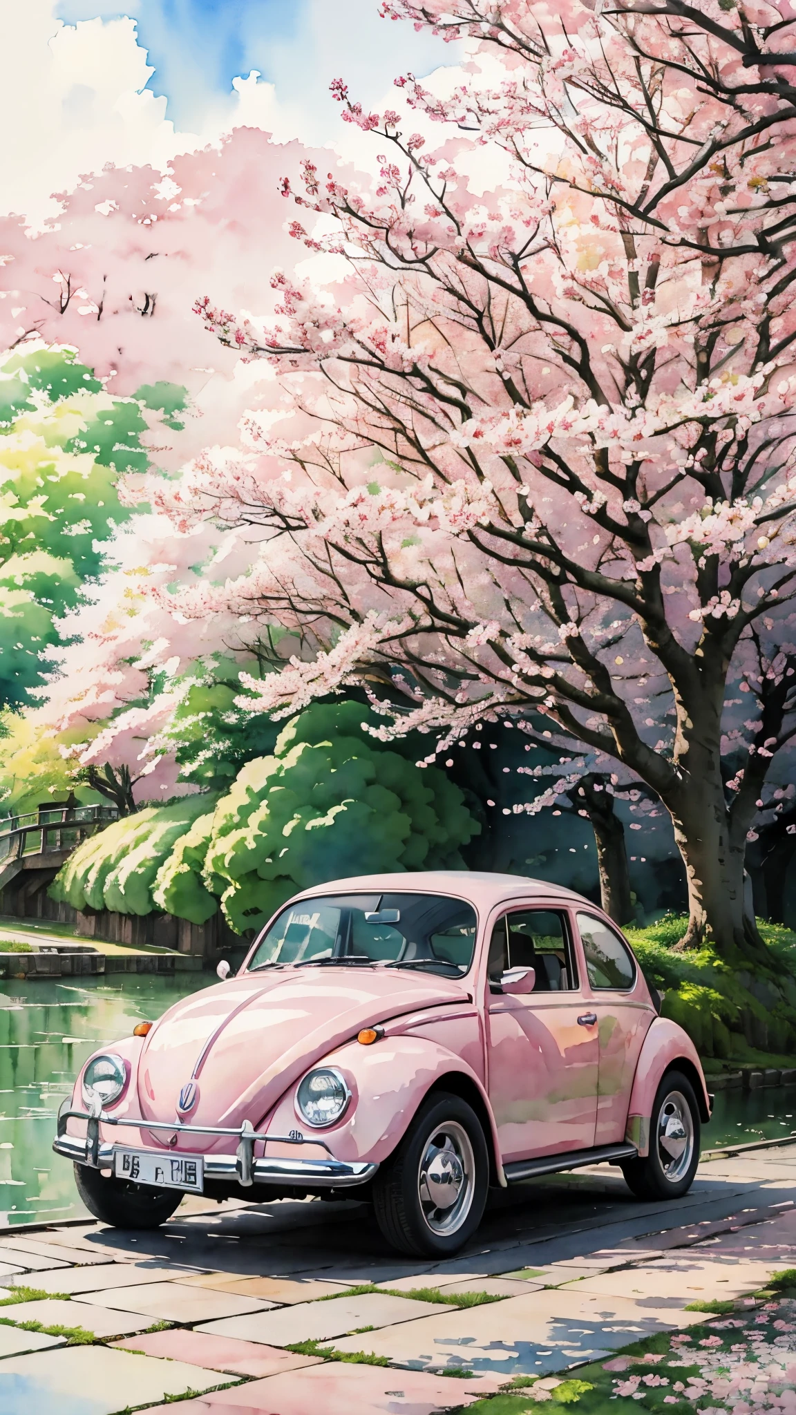 (masterpiece:1.2, Highest quality),(Very detailed),(watercolor),8k,wallpaper,Pink Volkswagen Beetle,Japan,Cherry blossom trees,Tokyo,Meguro River,(((Ghibli style))),洒落たwatercolorイラスト