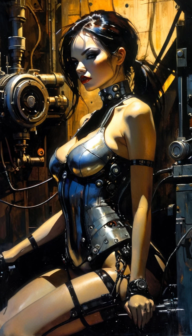 sexy cyborg girl, plugged into machinery, recharging, between shadows, oil painting, chiaroscuro, sensual, dramatic lighting, moody atmosphere, photorealistic, intricate details, masterpiece, ultra-detailed, high quality, 8k, best quality, realistic, cinematic, dark and brooding, expressionistic, powerful composition, emotional impact, Bill Sienkiewicz inspired art 