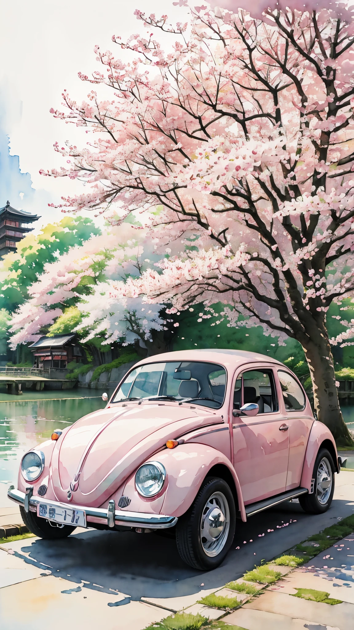 (masterpiece:1.2, Highest quality),(Very detailed),(watercolor),8k,wallpaper,Pink Volkswagen Beetle,Japan,Cherry blossom trees,Tokyo,Meguro River,(((Ghibli style))),洒落たwatercolorイラスト