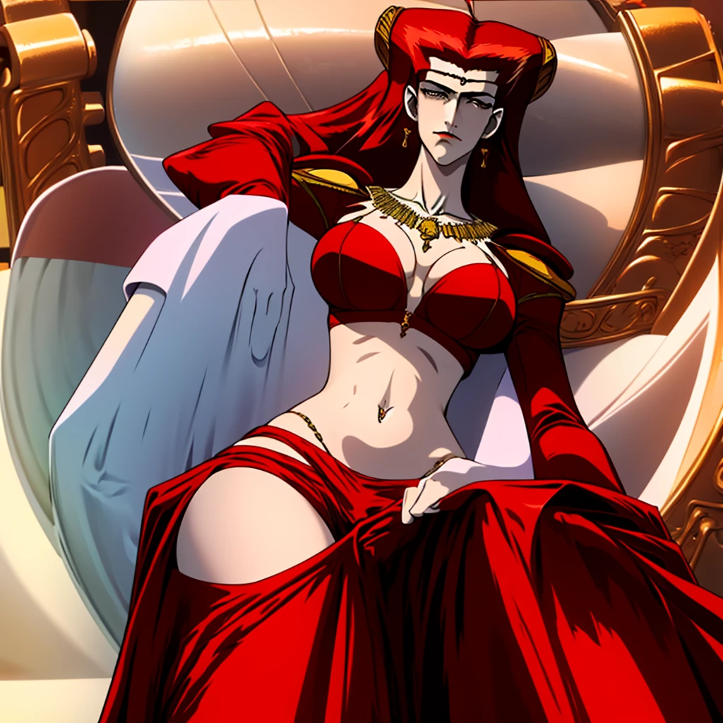 red dress, stomach and navel,long red hair,circlet,necklace,beautiful face, large breasts
