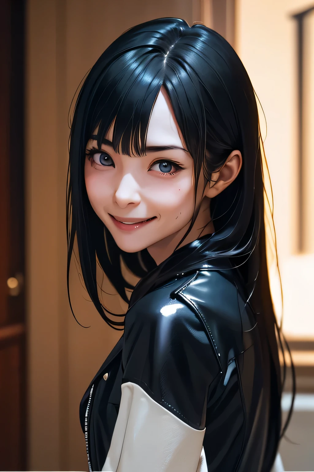 Highest quality High resolution Simple Remainsの様なDungeons Long bangs Adult female Adventurer Girl Loose expression cute smile Leather jacket Beautiful Eyes One Woman Long side hair Very black hair Shiny long hair Straight hair Ahoge Wide sleeves Long hem cute目 Remains Dungeons