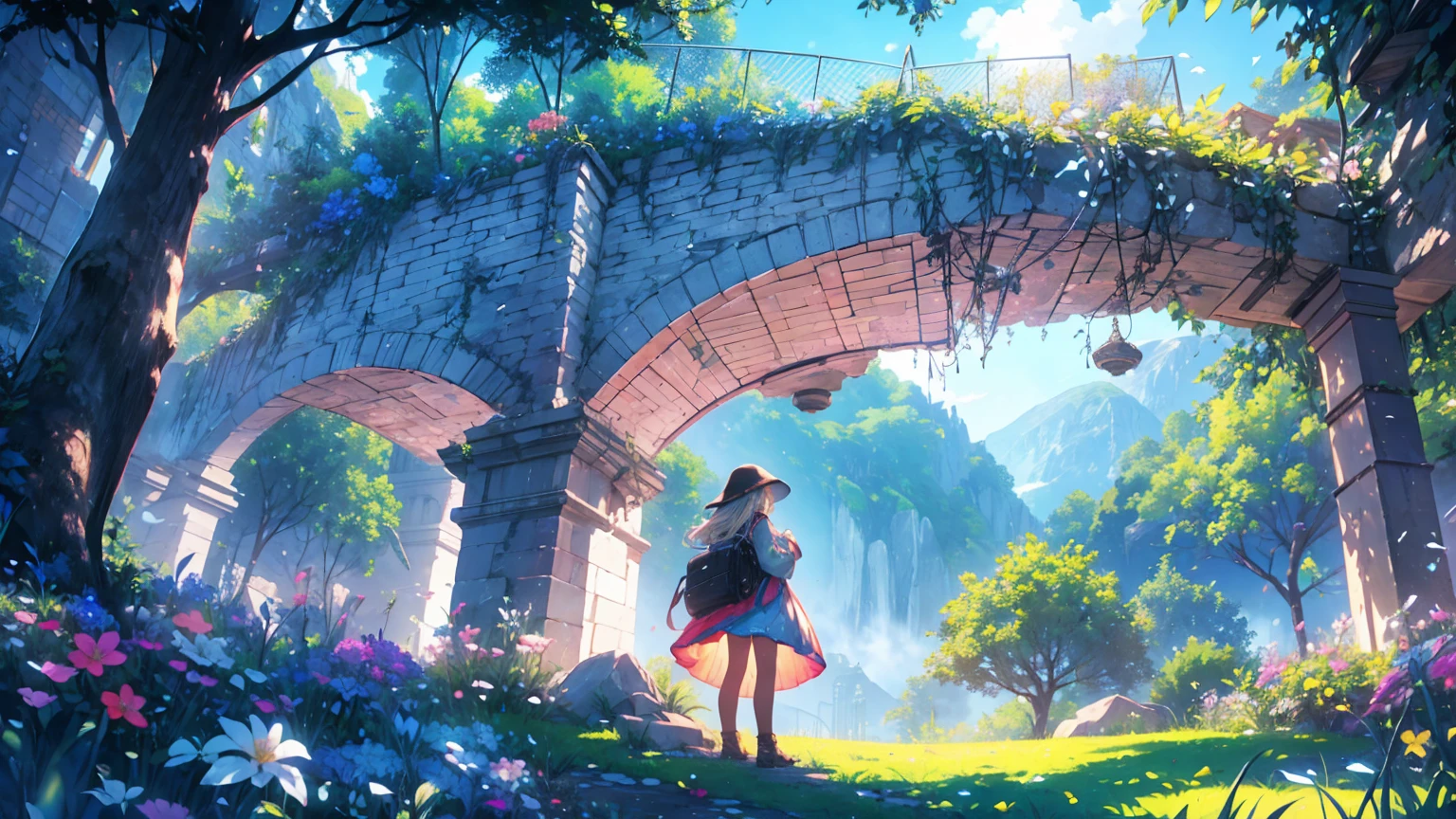 a woman stood from afar on the grass, woman from a distance, clear blue sky and underneath a large valley mountain with flower colorful color blue red green purple yellow and fantasy world medieval mega-building, rocks, tree branches, fallen leaves, birds, The scene is depicted in a highly saturated and vibrant style, intense and rich colors vivid, rendered with strong exaggerated colors, The sky above is clear blue sky, The atmosphere is full of magical color films, High Detail.