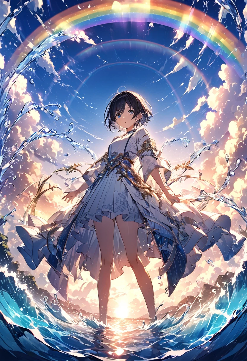 Bright eyed boy, The expression &quot;I have few friends&quot;, short hair, Two-tone hair, White and black hair, (((Water moves around the body))), Water Throne, In the middle of the ocean, Blue sky with clouds, perfect reflections, {Highly detailed 16K CG unit wallpaper}, Vast landscape photography, (A low-key perspective that focuses on characters and settings), (Wide open view), (Low angle shot ), (highlight: 1.4), (Low Light: 1.2), (Warm light source: 1.6), Intricate details, (Rainbow colors: 1.5), (Bright lighting), (Atmospheric lighting), dream-like, Individuality,