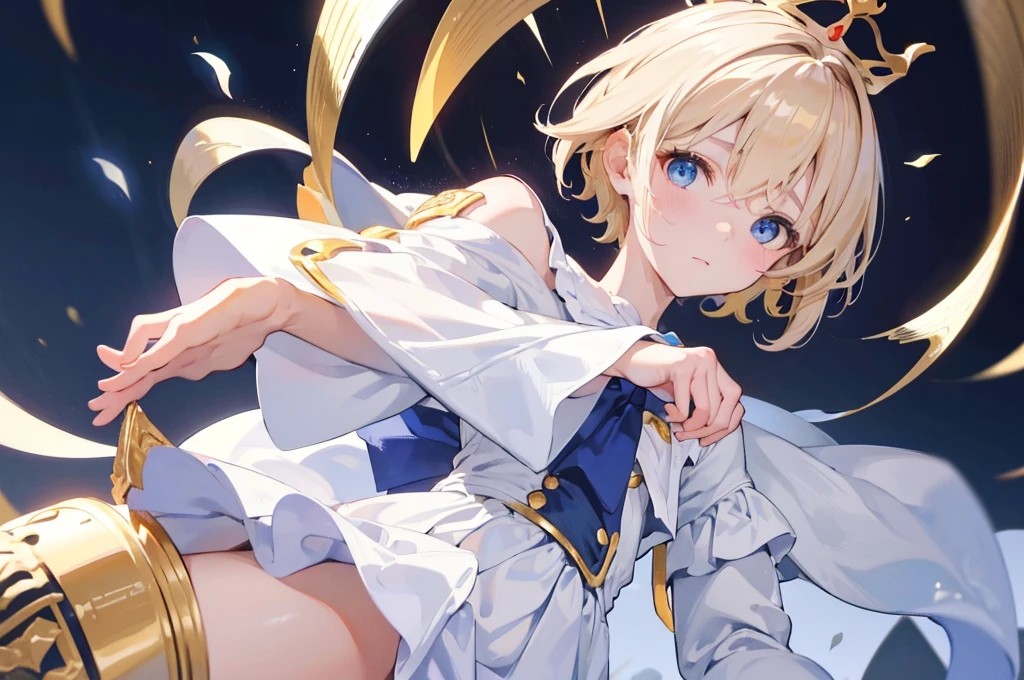 (Highest quality)　(4K)　(8k)　(High resolution)　(masterpiece:1.2)　(Super detailed)　One boy　short hair　Wizard　Blue Eyes　Long sleeve　Golden decoration　Hair between the eyes　White Dress　Wavy golden hair　Upper Body　(large crown)　(White Background)　front　Face close-up　Cast a spell