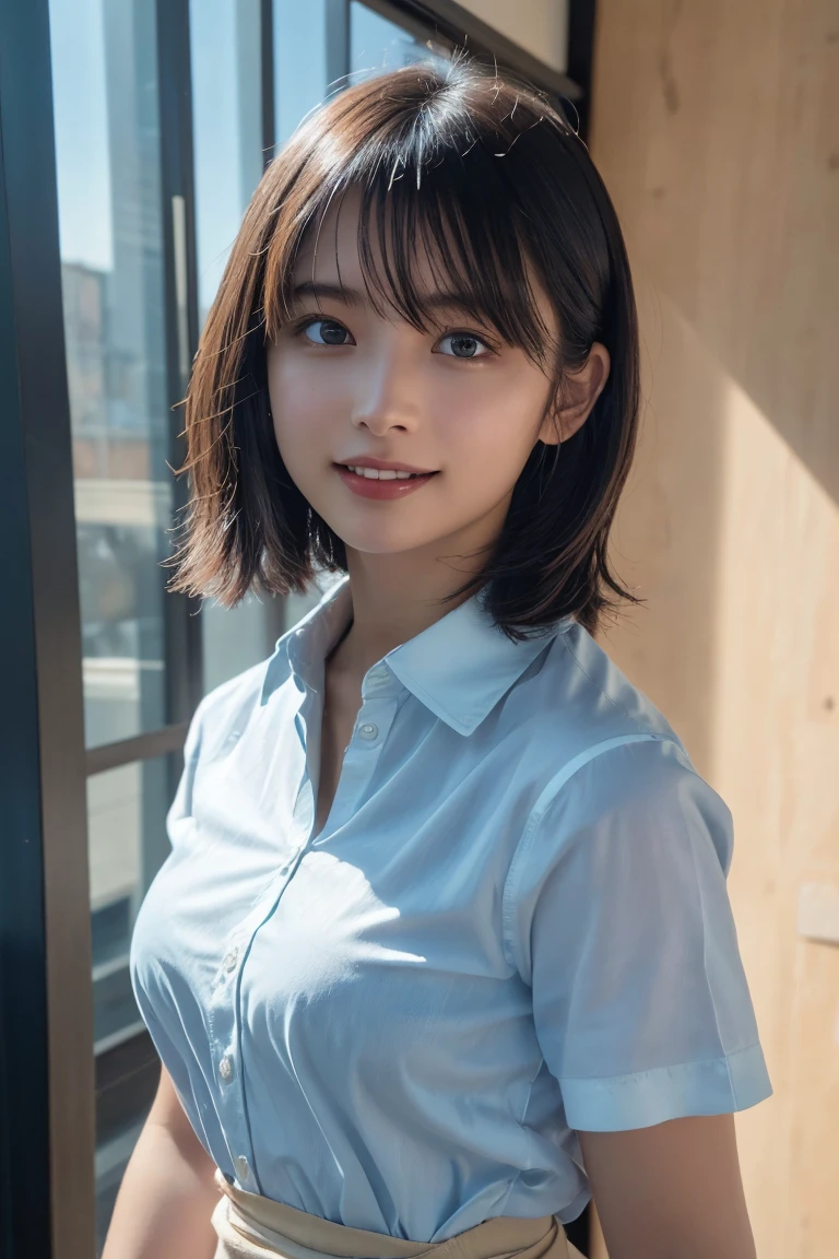 (8K, Raw photo, Highest quality, masterpiece:1.2), (Realistic, Photorealistic:1.37), Ultra-detailed, Ultra-high resolution, 1 girl, Seeing the viewer, Beautifully detailed face, Laughter, narrow, (Slim waist) :1.3), shortcut, Beautifully detailed skin, Skin texture, Dark hair, Short hair, Bob, Professional Lighting, (Shirt), Human whole body