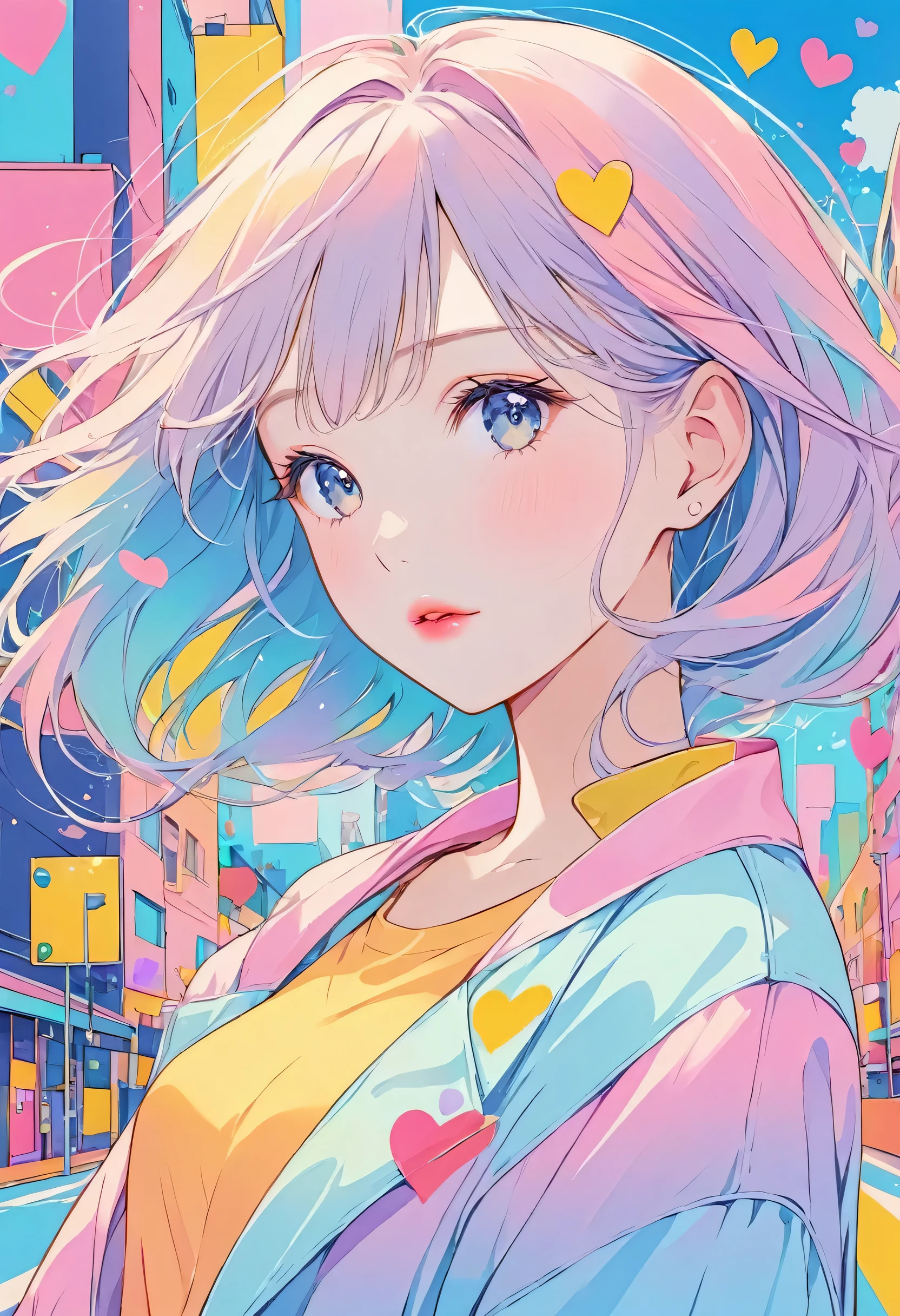 Makoto Shinkai pastel color style, Simple Line Initialism，Abstract art，Urban Background, (((The most beautiful girl of all time))), Sweet face. Lips in love, colorful hearts, stylish design