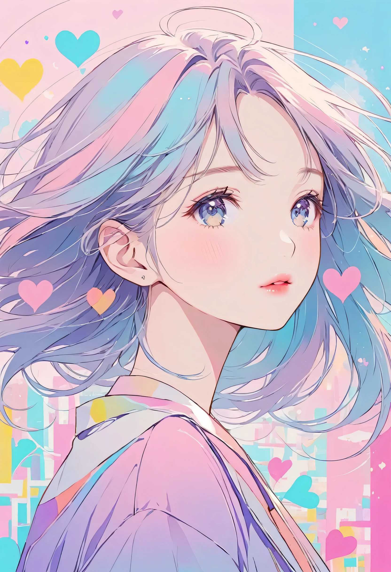 Makoto Shinkai pastel color style, Simple Line Initialism,Abstract art,Urban Background, (((The most beautiful girl of all time))), Sweet face. Lips in love, colorful hearts, stylish design